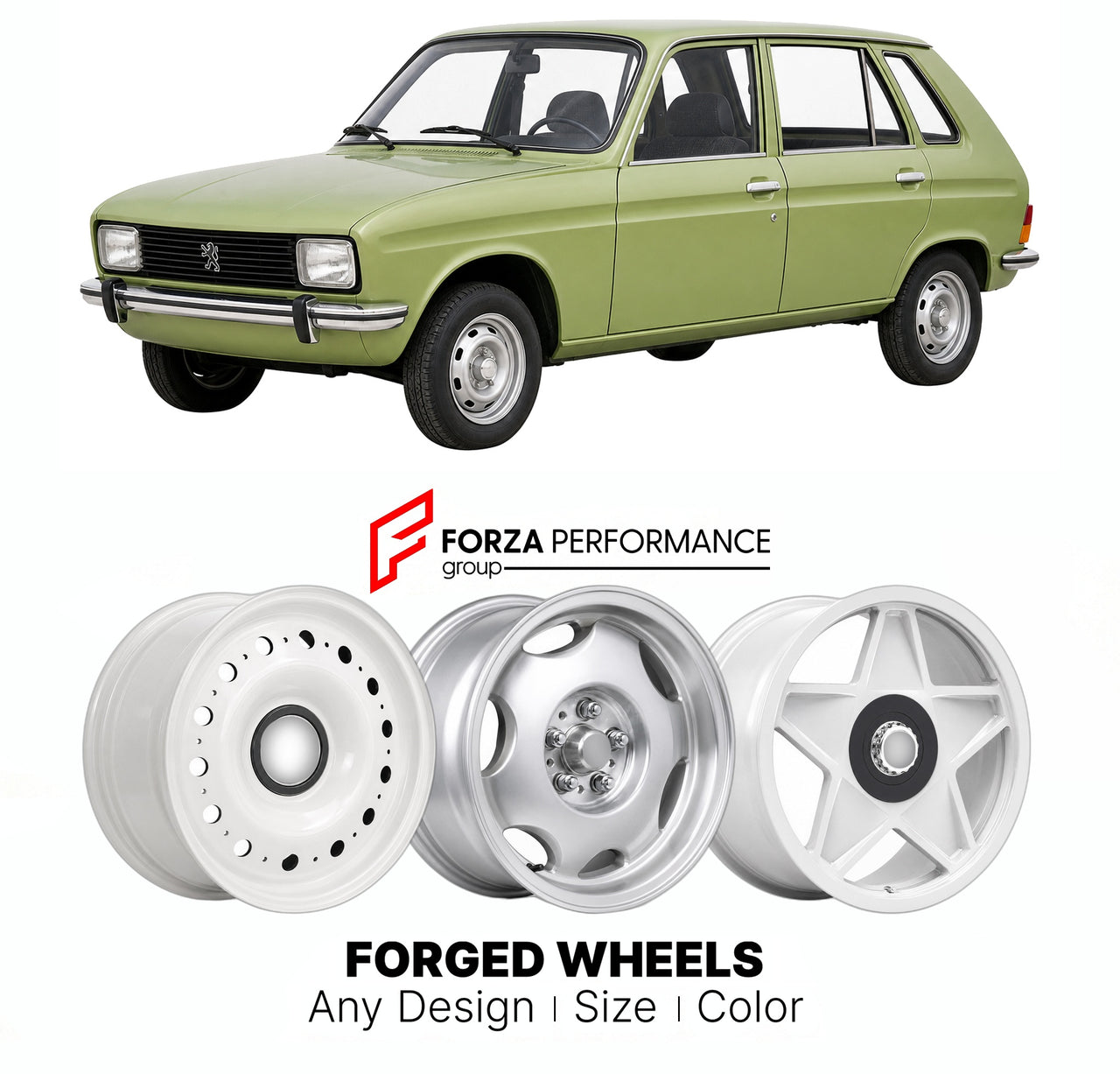 CUSTOM CLASSIC VINTAGE RESTOMOD RETRO OLD SCHOOL FORGED WHEELS RIMS for PEUGEOT 104 1972 - 1988

Custom forged wheels for Peugeot 104 1972 - 1988. Classic, vintage, restomod wheel designs made to order in custom sizes, offsets, colors and finishes.

We manufacture premium quality forged wheels rims for Peugeot 104 1972 - 1988 in any design, size, color.

THIS WHEEL DESIGN CAN BE CUSTOM-MADE FOR YOUR CAR IN ANY SIZE AND COLOR OPTIONS
Available in monoblock, 2-piece, 3-piece, duoblock, beadlock
3D wheel rende