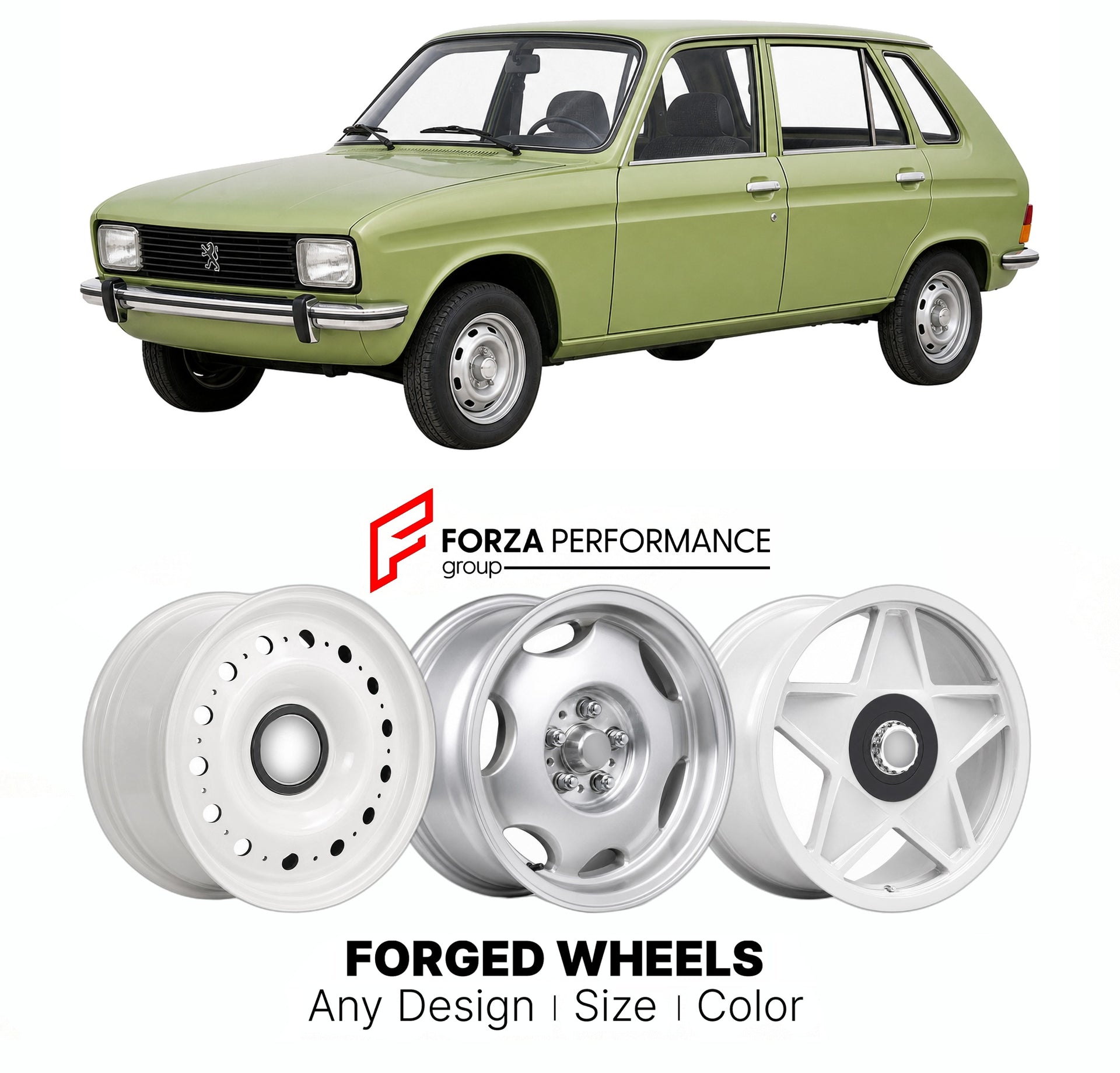 CUSTOM CLASSIC VINTAGE RESTOMOD RETRO OLD SCHOOL FORGED WHEELS RIMS for PEUGEOT 104 1972 - 1988

Custom forged wheels for Peugeot 104 1972 - 1988. Classic, vintage, restomod wheel designs made to order in custom sizes, offsets, colors and finishes.

We manufacture premium quality forged wheels rims for Peugeot 104 1972 - 1988 in any design, size, color.

THIS WHEEL DESIGN CAN BE CUSTOM-MADE FOR YOUR CAR IN ANY SIZE AND COLOR OPTIONS
Available in monoblock, 2-piece, 3-piece, duoblock, beadlock
3D wheel rende