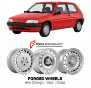 CUSTOM CLASSIC VINTAGE RESTOMOD RETRO OLD SCHOOL FORGED WHEELS RIMS for PEUGEOT 106 1991 - 2003

Custom forged wheels for Peugeot 106 1991 - 2003. Classic, vintage, restomod wheel designs made to order in custom sizes, offsets, colors and finishes.

We manufacture premium quality forged wheels rims for Peugeot 106 1991 - 2003 in any design, size, color.

THIS WHEEL DESIGN CAN BE CUSTOM-MADE FOR YOUR CAR IN ANY SIZE AND COLOR OPTIONS
Available in monoblock, 2-piece, 3-piece, duoblock, beadlock
3D wheel rende