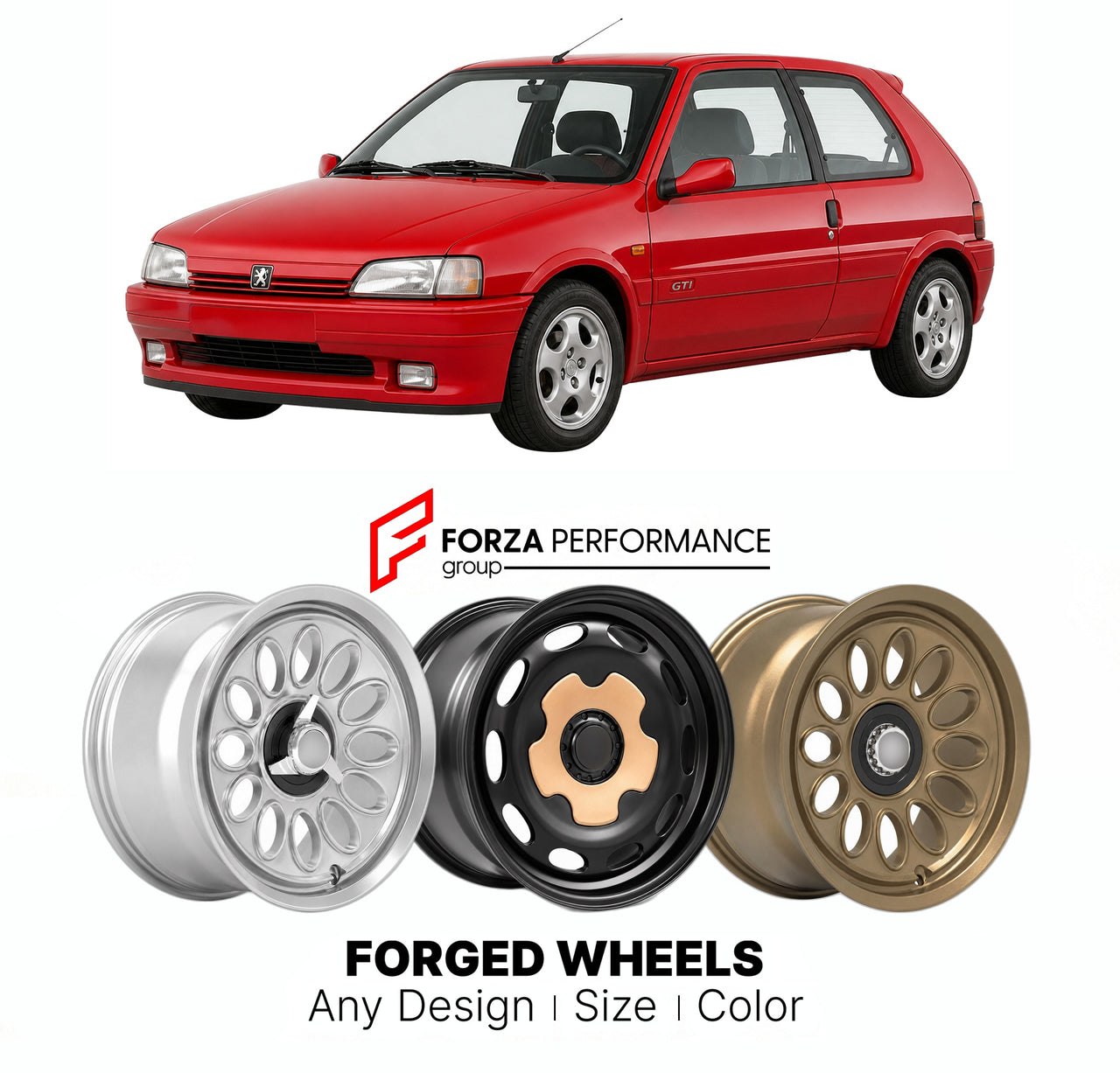 CUSTOM CLASSIC VINTAGE RESTOMOD RETRO OLD SCHOOL FORGED WHEELS RIMS for PEUGEOT 106 E GTI 1993 - 2003

Custom forged wheels for Peugeot 106 E GTI 1993 - 2003. Classic, vintage, restomod wheel designs made to order in custom sizes, offsets, colors and finishes.

We manufacture premium quality forged wheels rims for Peugeot 106 E GTI 1993 - 2003 in any design, size, color.

THIS WHEEL DESIGN CAN BE CUSTOM-MADE FOR YOUR CAR IN ANY SIZE AND COLOR OPTIONS
Available in monoblock, 2-piece, 3-piece, duoblock, beadl