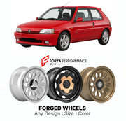 CUSTOM CLASSIC VINTAGE RESTOMOD RETRO OLD SCHOOL FORGED WHEELS RIMS for PEUGEOT 106 E GTI 1993 - 2003

Custom forged wheels for Peugeot 106 E GTI 1993 - 2003. Classic, vintage, restomod wheel designs made to order in custom sizes, offsets, colors and finishes.

We manufacture premium quality forged wheels rims for Peugeot 106 E GTI 1993 - 2003 in any design, size, color.

THIS WHEEL DESIGN CAN BE CUSTOM-MADE FOR YOUR CAR IN ANY SIZE AND COLOR OPTIONS
Available in monoblock, 2-piece, 3-piece, duoblock, beadl