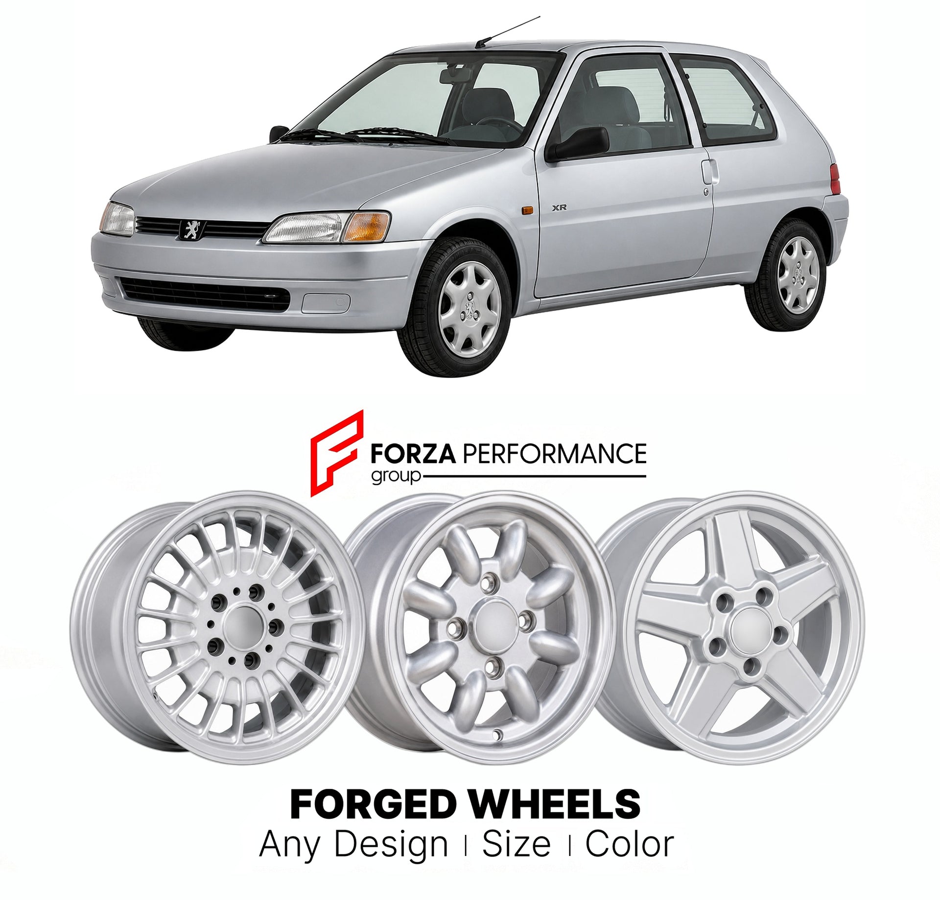 CUSTOM CLASSIC VINTAGE RESTOMOD RETRO OLD SCHOOL FORGED WHEELS RIMS for PEUGEOT 106 XR QUICKSILVER PHASE II SPECIAL EDITION 1998 - 2000

Custom forged wheels for Peugeot 106 XR Quicksilver Phase II Special Edition 1998 - 2000. Classic, vintage, restomod wheel designs made to order in custom sizes, offsets, colors and finishes.

We manufacture premium quality forged wheels rims for Peugeot 106 XR Quicksilver Phase II Special Edition 1998 - 2000 in any design, size, color.

THIS WHEEL DESIGN CAN BE CUSTOM-MAD