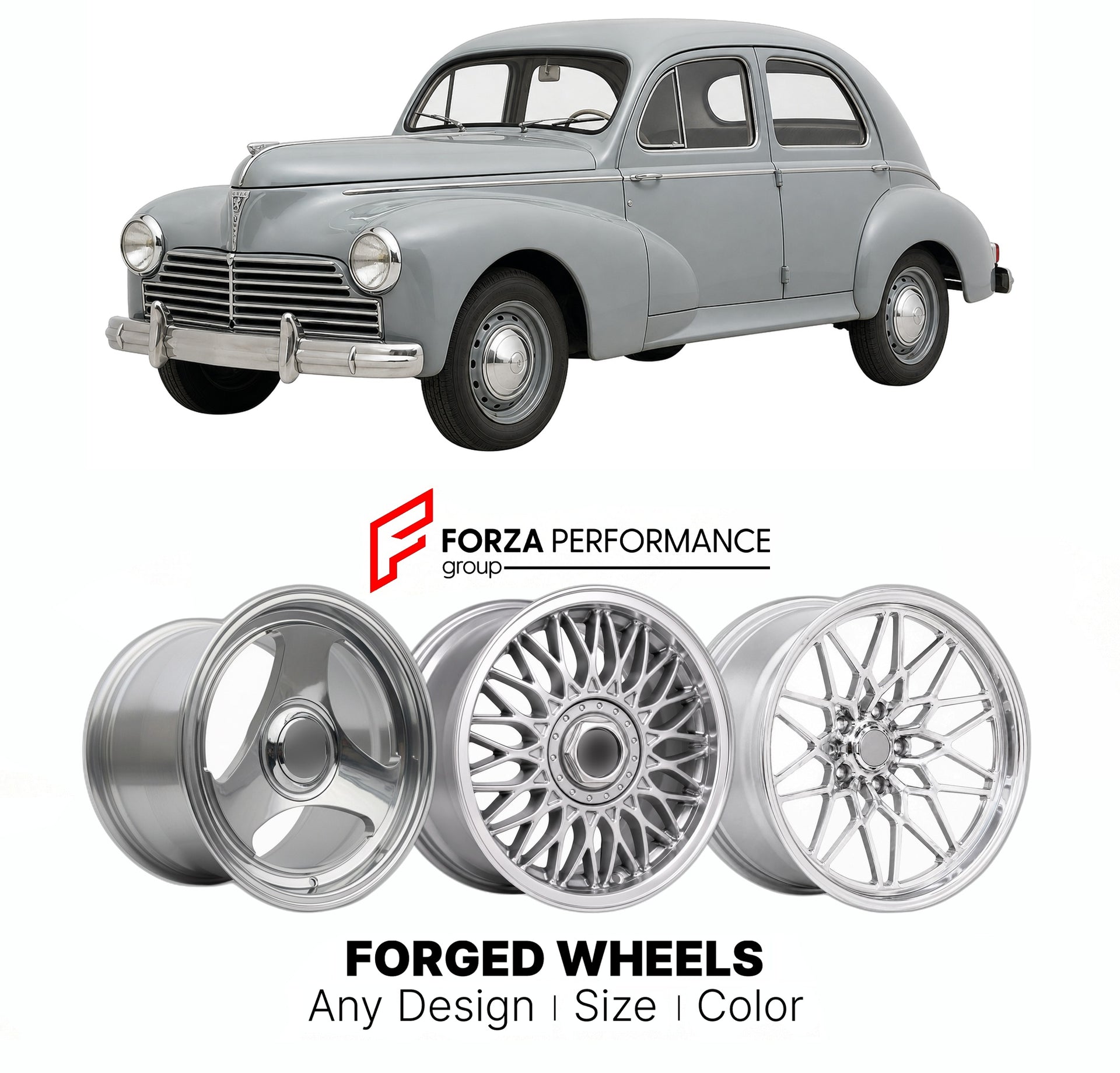 CUSTOM CLASSIC VINTAGE RESTOMOD RETRO OLD SCHOOL FORGED WHEELS RIMS for PEUGEOT 203 1948 - 1960

Custom forged wheels for Peugeot 203 1948 - 1960. Classic, vintage, restomod wheel designs made to order in custom sizes, offsets, colors and finishes.

We manufacture premium quality forged wheels rims for Peugeot 203 1948 - 1960 in any design, size, color.

THIS WHEEL DESIGN CAN BE CUSTOM-MADE FOR YOUR CAR IN ANY SIZE AND COLOR OPTIONS
Available in monoblock, 2-piece, 3-piece, duoblock, beadlock
3D wheel rende