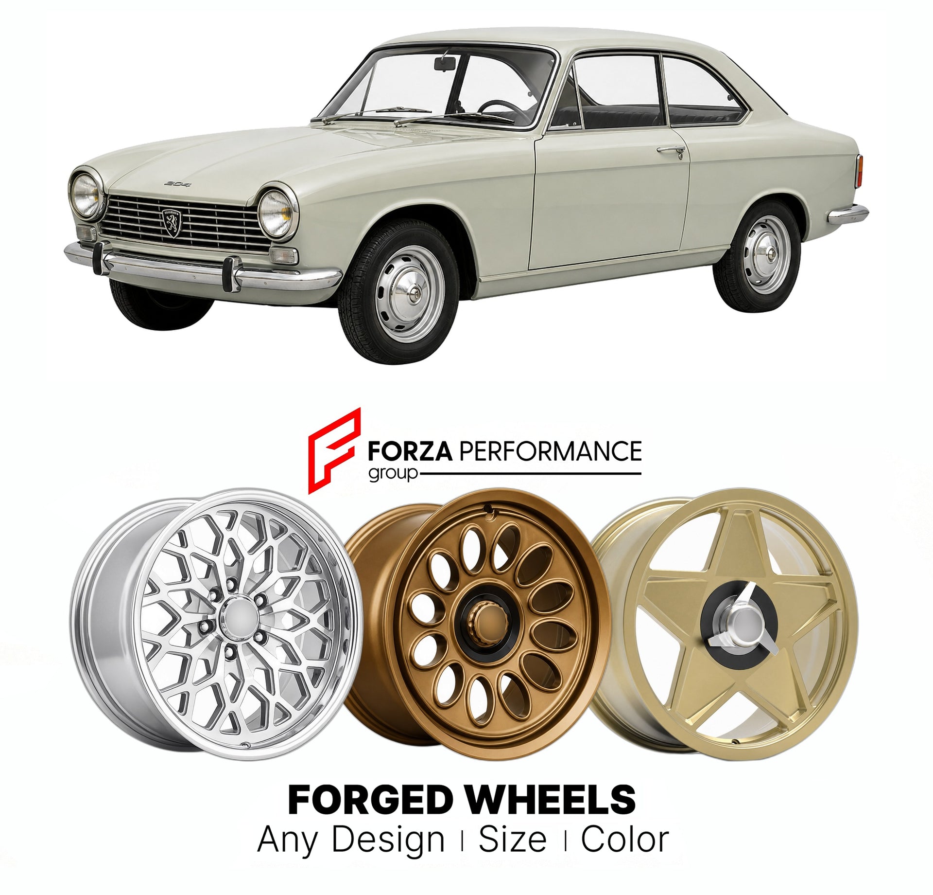 CUSTOM CLASSIC VINTAGE RESTOMOD RETRO OLD SCHOOL FORGED WHEELS RIMS for PEUGEOT 204 COUPE 1966 - 1970

Custom forged wheels for Peugeot 204 Coupe 1966 - 1970. Classic, vintage, restomod wheel designs made to order in custom sizes, offsets, colors and finishes.

We manufacture premium quality forged wheels rims for Peugeot 204 Coupe 1966 - 1970 in any design, size, color.

THIS WHEEL DESIGN CAN BE CUSTOM-MADE FOR YOUR CAR IN ANY SIZE AND COLOR OPTIONS
Available in monoblock, 2-piece, 3-piece, duoblock, beadl