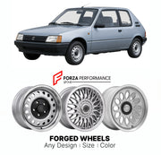 CUSTOM CLASSIC VINTAGE RESTOMOD RETRO OLD SCHOOL FORGED WHEELS RIMS for PEUGEOT 205 1983 - 1998

Custom forged wheels for Peugeot 205 1983 - 1998. Classic, vintage, restomod wheel designs made to order in custom sizes, offsets, colors and finishes.

We manufacture premium quality forged wheels rims for Peugeot 205 1983 - 1998 in any design, size, color.

THIS WHEEL DESIGN CAN BE CUSTOM-MADE FOR YOUR CAR IN ANY SIZE AND COLOR OPTIONS
Available in monoblock, 2-piece, 3-piece, duoblock, beadlock
3D wheel rende