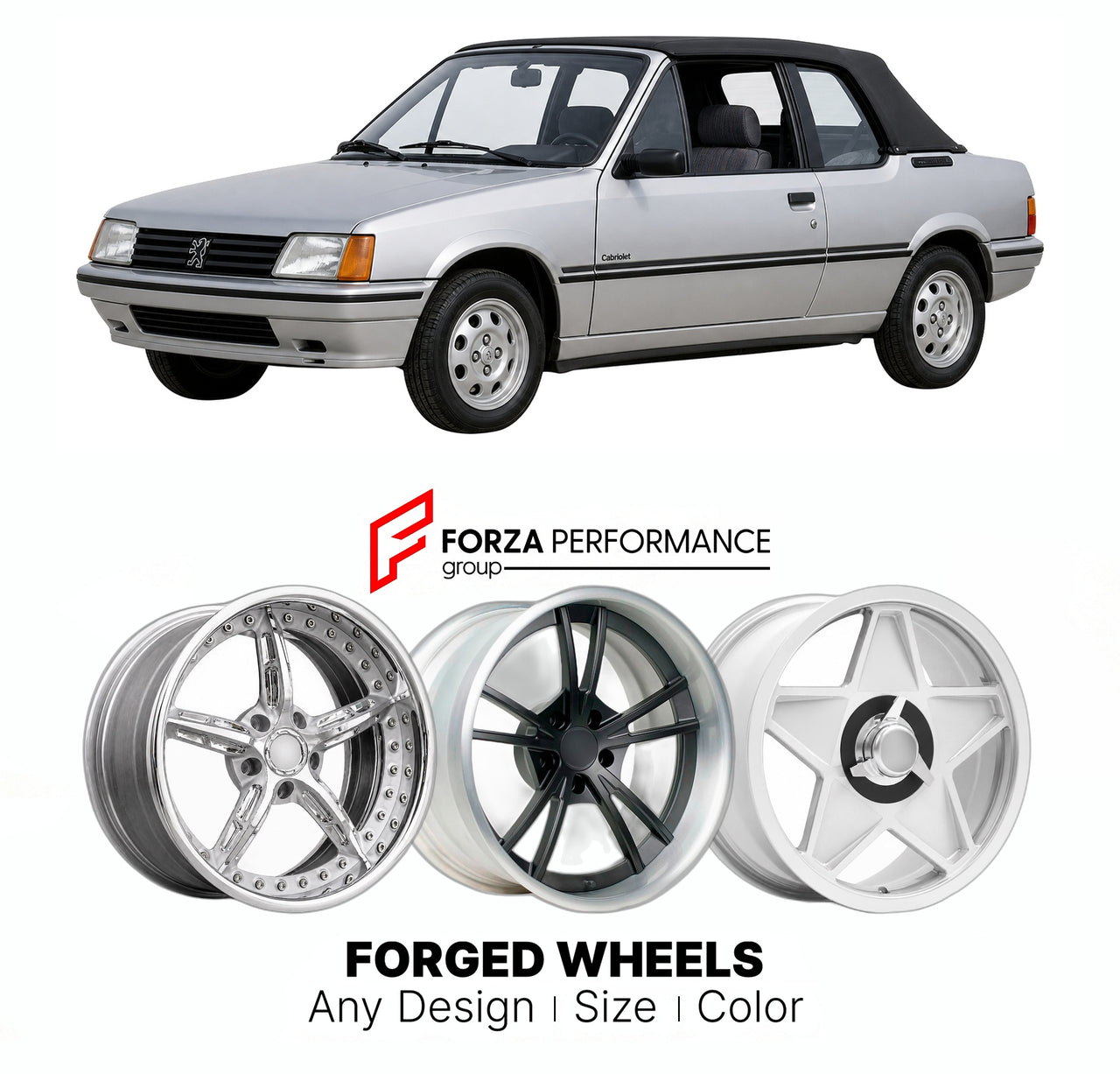 CUSTOM CLASSIC VINTAGE RESTOMOD RETRO OLD SCHOOL FORGED WHEELS RIMS for PEUGEOT 205 CABRIOLET 1986 - 1995

Custom forged wheels for Peugeot 205 Cabriolet 1986 - 1995. Classic, vintage, restomod wheel designs made to order in custom sizes, offsets, colors and finishes.

We manufacture premium quality forged wheels rims for Peugeot 205 Cabriolet 1986 - 1995 in any design, size, color.

THIS WHEEL DESIGN CAN BE CUSTOM-MADE FOR YOUR CAR IN ANY SIZE AND COLOR OPTIONS
Available in monoblock, 2-piece, 3-piece, duo
