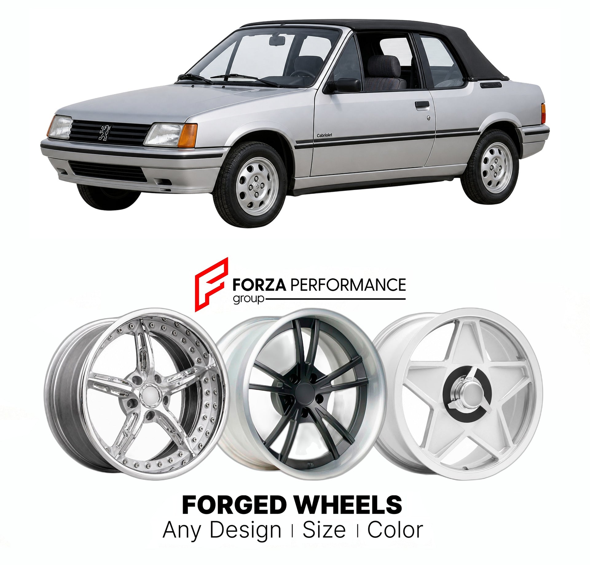 CUSTOM CLASSIC VINTAGE RESTOMOD RETRO OLD SCHOOL FORGED WHEELS RIMS for PEUGEOT 205 CABRIOLET 1986 - 1995

Custom forged wheels for Peugeot 205 Cabriolet 1986 - 1995. Classic, vintage, restomod wheel designs made to order in custom sizes, offsets, colors and finishes.

We manufacture premium quality forged wheels rims for Peugeot 205 Cabriolet 1986 - 1995 in any design, size, color.

THIS WHEEL DESIGN CAN BE CUSTOM-MADE FOR YOUR CAR IN ANY SIZE AND COLOR OPTIONS
Available in monoblock, 2-piece, 3-piece, duo