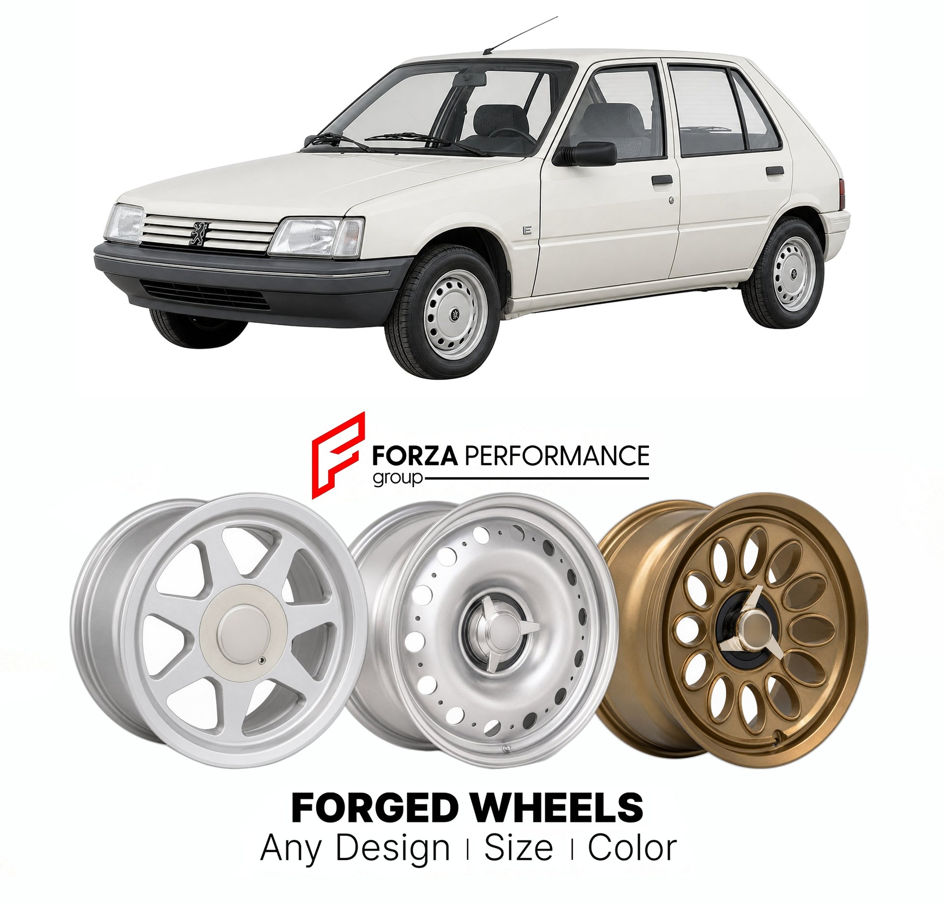 CUSTOM CLASSIC VINTAGE RESTOMOD RETRO OLD SCHOOL FORGED WHEELS RIMS for PEUGEOT 205 E 1988 - 1992

Custom forged wheels for Peugeot 205 E 1988 - 1992. Classic, vintage, restomod wheel designs made to order in custom sizes, offsets, colors and finishes.

We manufacture premium quality forged wheels rims for Peugeot 205 E 1988 - 1992 in any design, size, color.

THIS WHEEL DESIGN CAN BE CUSTOM-MADE FOR YOUR CAR IN ANY SIZE AND COLOR OPTIONS
Available in monoblock, 2-piece, 3-piece, duoblock, beadlock
3D wheel