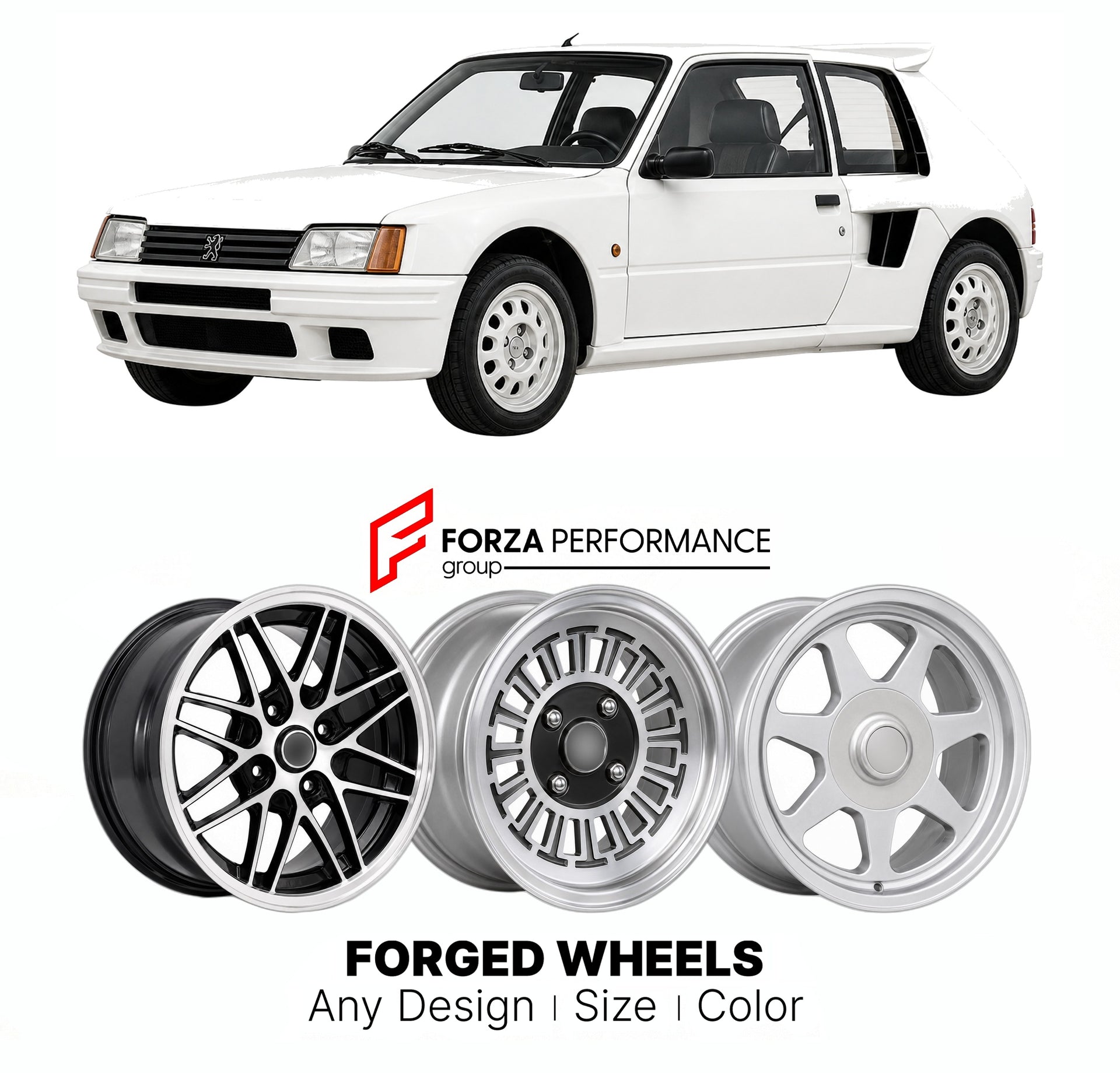 CUSTOM CLASSIC VINTAGE RESTOMOD RETRO OLD SCHOOL FORGED WHEELS RIMS for PEUGEOT 205 TURBO 16 1984 - 1986

Custom forged wheels for Peugeot 205 Turbo 16 1984 - 1986. Classic, vintage, restomod wheel designs made to order in custom sizes, offsets, colors and finishes.

We manufacture premium quality forged wheels rims for Peugeot 205 Turbo 16 1984 - 1986 in any design, size, color.

THIS WHEEL DESIGN CAN BE CUSTOM-MADE FOR YOUR CAR IN ANY SIZE AND COLOR OPTIONS
Available in monoblock, 2-piece, 3-piece, duoblo