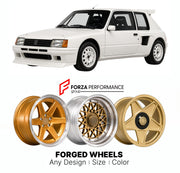 CUSTOM CLASSIC VINTAGE RESTOMOD RETRO OLD SCHOOL FORGED WHEELS RIMS for PEUGEOT 205 TURBO 16 GROUP B HOMOLOGATION 1984 - 1986

Custom forged wheels for Peugeot 205 Turbo 16 Group B Homologation 1984 - 1986. Classic, vintage, restomod wheel designs made to order in custom sizes, offsets, colors and finishes.

We manufacture premium quality forged wheels rims for Peugeot 205 Turbo 16 Group B Homologation 1984 - 1986 in any design, size, color.

THIS WHEEL DESIGN CAN BE CUSTOM-MADE FOR YOUR CAR IN ANY SIZE AND