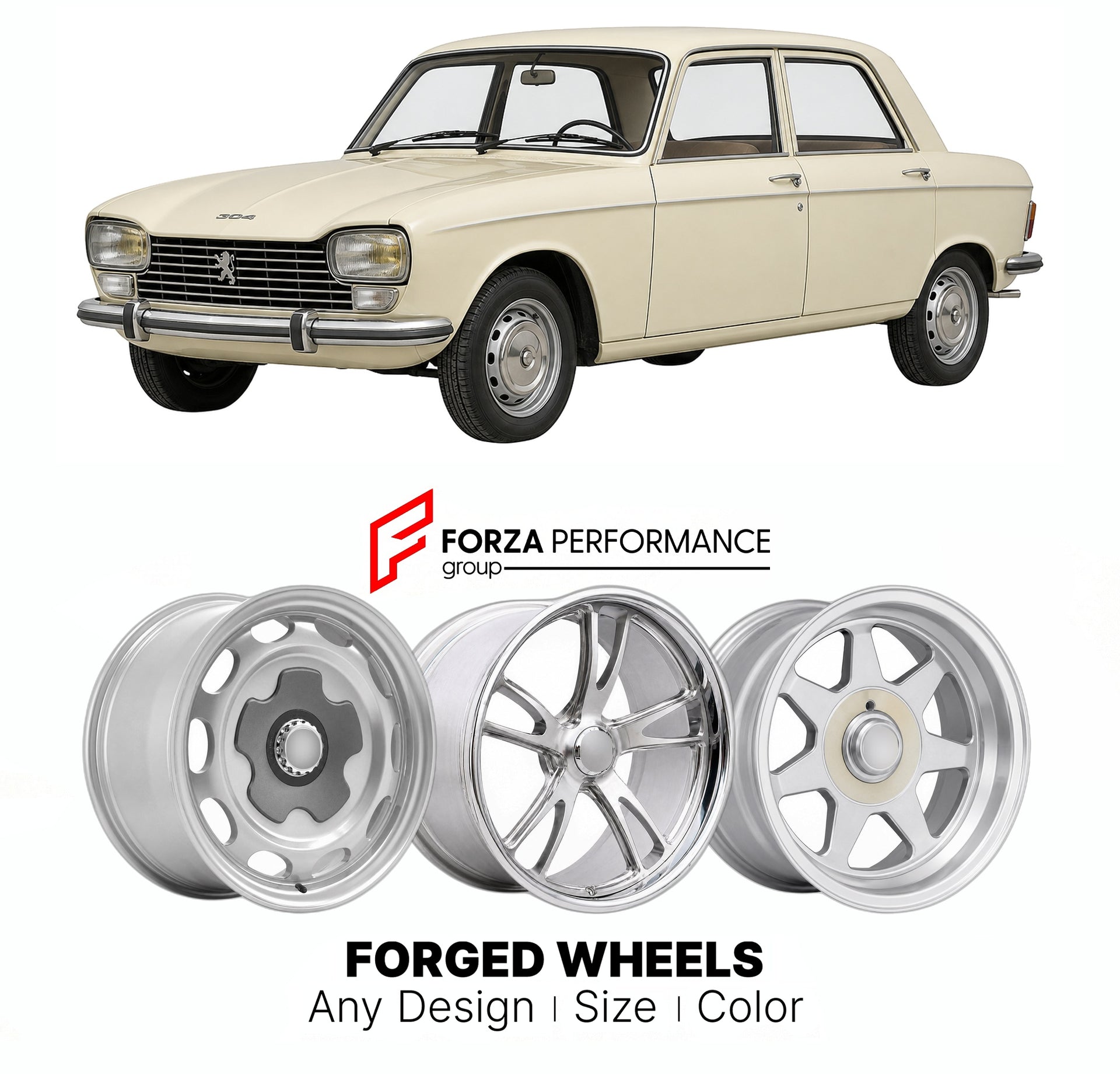 CUSTOM CLASSIC VINTAGE RESTOMOD RETRO OLD SCHOOL FORGED WHEELS RIMS for PEUGEOT 304 1969 - 1980

Custom forged wheels for Peugeot 304 1969 - 1980. Classic, vintage, restomod wheel designs made to order in custom sizes, offsets, colors and finishes.

We manufacture premium quality forged wheels rims for Peugeot 304 1969 - 1980 in any design, size, color.

THIS WHEEL DESIGN CAN BE CUSTOM-MADE FOR YOUR CAR IN ANY SIZE AND COLOR OPTIONS
Available in monoblock, 2-piece, 3-piece, duoblock, beadlock
3D wheel rende