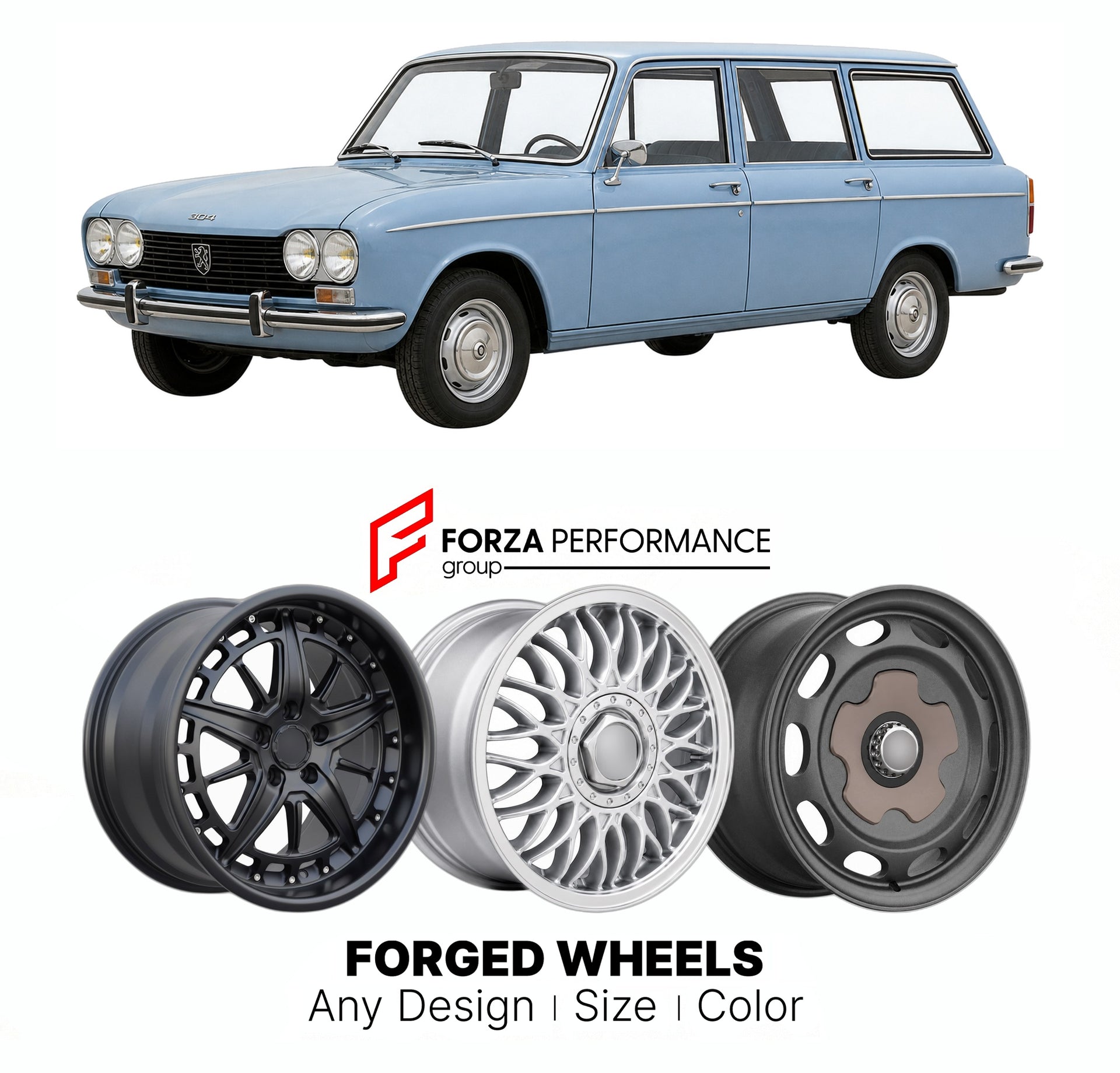 CUSTOM CLASSIC VINTAGE RESTOMOD RETRO OLD SCHOOL FORGED WHEELS RIMS for PEUGEOT 304 BREAK 1970 - 1980

Custom forged wheels for Peugeot 304 Break 1970 - 1980. Classic, vintage, restomod wheel designs made to order in custom sizes, offsets, colors and finishes.

We manufacture premium quality forged wheels rims for Peugeot 304 Break 1970 - 1980 in any design, size, color.

THIS WHEEL DESIGN CAN BE CUSTOM-MADE FOR YOUR CAR IN ANY SIZE AND COLOR OPTIONS
Available in monoblock, 2-piece, 3-piece, duoblock, beadl
