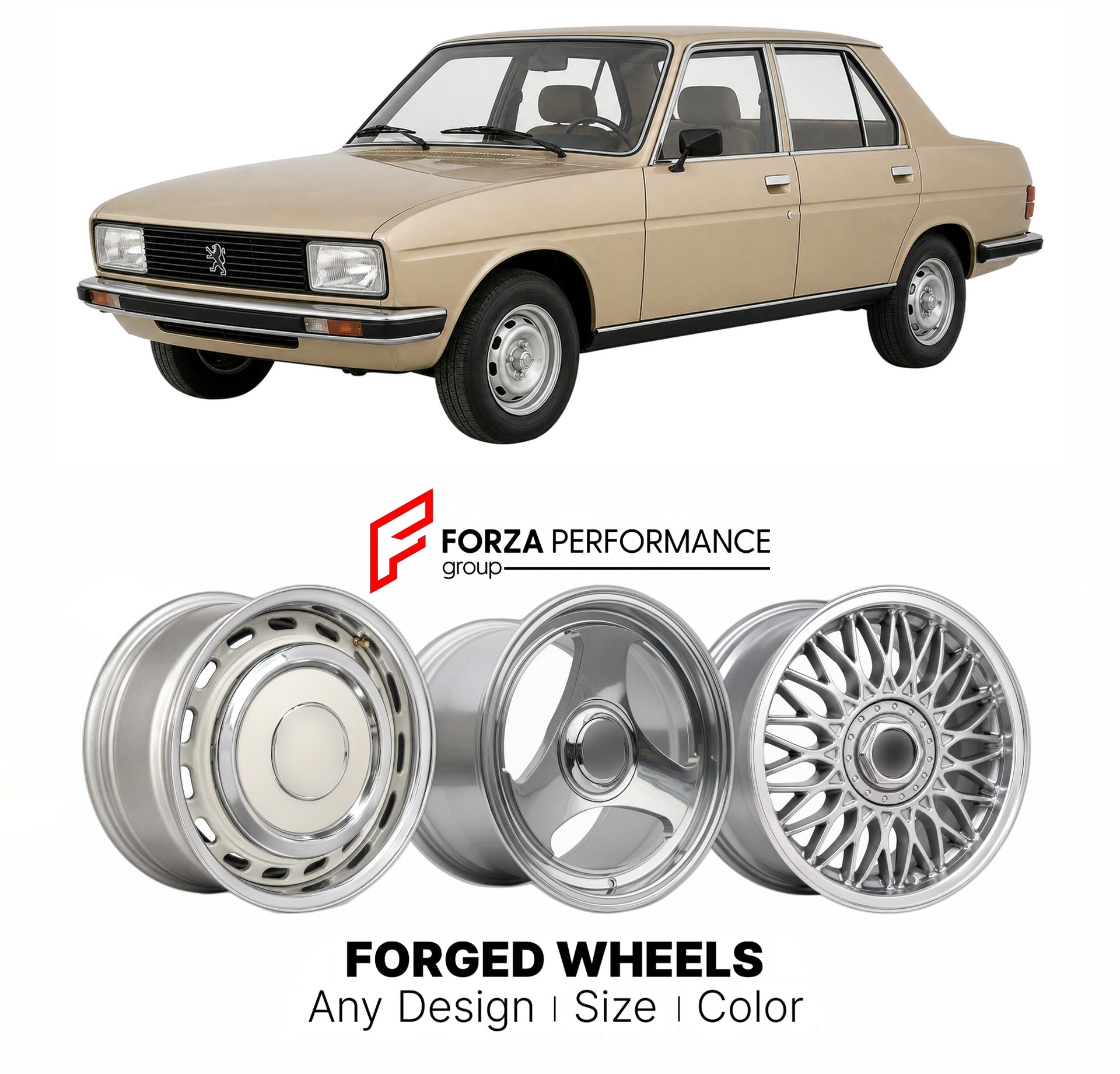 CUSTOM CLASSIC VINTAGE RESTOMOD RETRO OLD SCHOOL FORGED WHEELS RIMS for PEUGEOT 305 1977 - 1989

Custom forged wheels for Peugeot 305 1977 - 1989. Classic, vintage, restomod wheel designs made to order in custom sizes, offsets, colors and finishes.

We manufacture premium quality forged wheels rims for Peugeot 305 1977 - 1989 in any design, size, color.

THIS WHEEL DESIGN CAN BE CUSTOM-MADE FOR YOUR CAR IN ANY SIZE AND COLOR OPTIONS
Available in monoblock, 2-piece, 3-piece, duoblock, beadlock
3D wheel rende