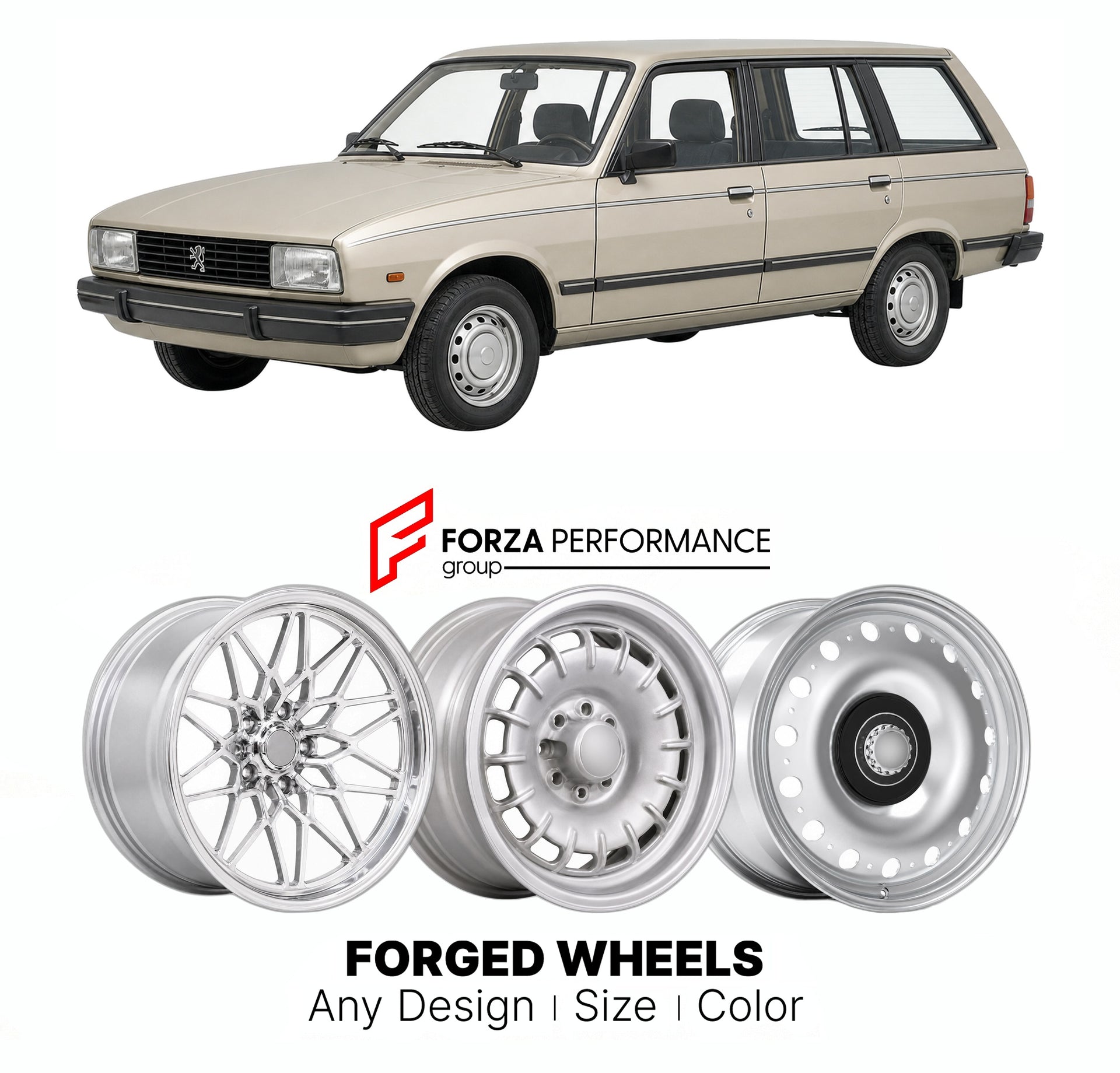CUSTOM CLASSIC VINTAGE RESTOMOD RETRO OLD SCHOOL FORGED WHEELS RIMS for PEUGEOT 305 BREAK 1980 - 1989

Custom forged wheels for Peugeot 305 Break 1980 - 1989. Classic, vintage, restomod wheel designs made to order in custom sizes, offsets, colors and finishes.

We manufacture premium quality forged wheels rims for Peugeot 305 Break 1980 - 1989 in any design, size, color.

THIS WHEEL DESIGN CAN BE CUSTOM-MADE FOR YOUR CAR IN ANY SIZE AND COLOR OPTIONS
Available in monoblock, 2-piece, 3-piece, duoblock, beadl