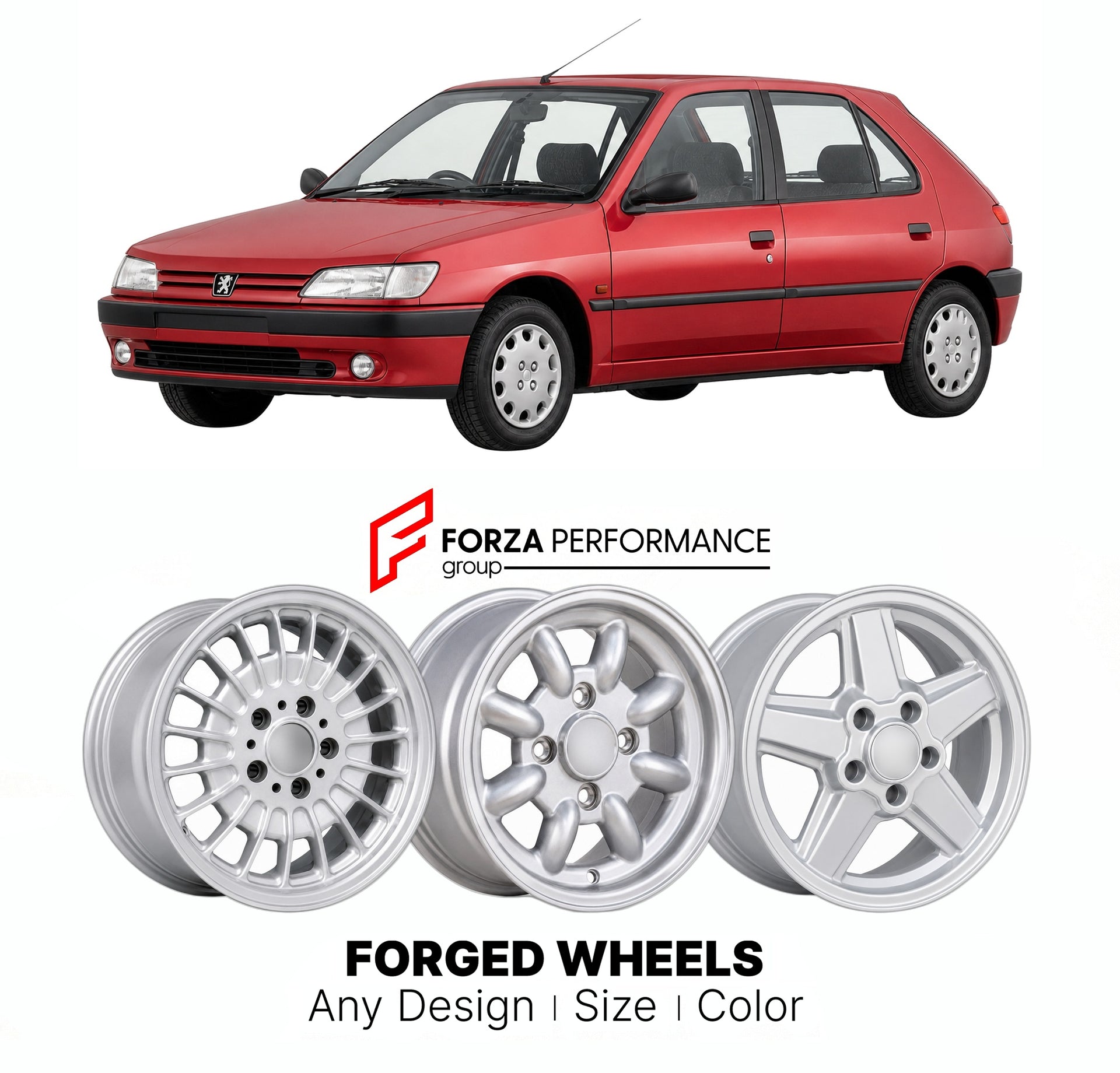 CUSTOM CLASSIC VINTAGE RESTOMOD RETRO OLD SCHOOL FORGED WHEELS RIMS for PEUGEOT 306 1993 - 2002

Custom forged wheels for Peugeot 306 1993 - 2002. Classic, vintage, restomod wheel designs made to order in custom sizes, offsets, colors and finishes.

We manufacture premium quality forged wheels rims for Peugeot 306 1993 - 2002 in any design, size, color.

THIS WHEEL DESIGN CAN BE CUSTOM-MADE FOR YOUR CAR IN ANY SIZE AND COLOR OPTIONS
Available in monoblock, 2-piece, 3-piece, duoblock, beadlock
3D wheel rende