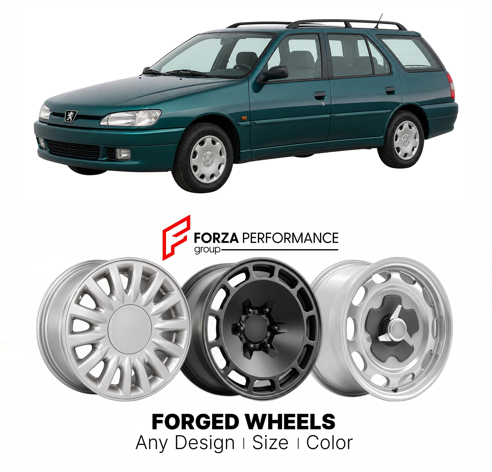 CUSTOM CLASSIC VINTAGE RESTOMOD RETRO OLD SCHOOL FORGED WHEELS RIMS for PEUGEOT 306 BREAK 1997 - 2002

Custom forged wheels for Peugeot 306 Break 1997 - 2002. Classic, vintage, restomod wheel designs made to order in custom sizes, offsets, colors and finishes.

We manufacture premium quality forged wheels rims for Peugeot 306 Break 1997 - 2002 in any design, size, color.

THIS WHEEL DESIGN CAN BE CUSTOM-MADE FOR YOUR CAR IN ANY SIZE AND COLOR OPTIONS
Available in monoblock, 2-piece, 3-piece, duoblock, beadl