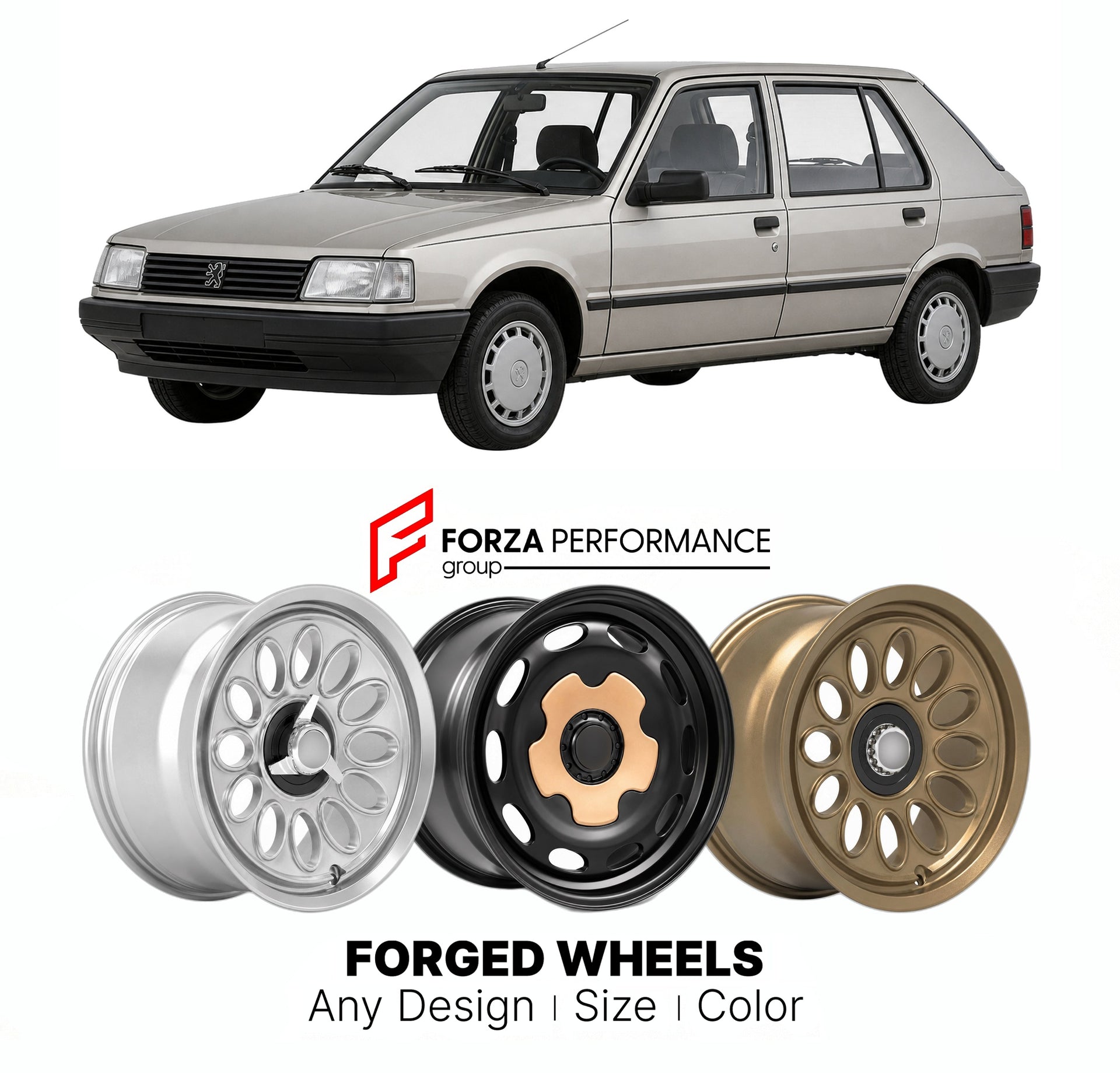 CUSTOM CLASSIC VINTAGE RESTOMOD RETRO OLD SCHOOL FORGED WHEELS RIMS for PEUGEOT 309 1985 - 1993

Custom forged wheels for Peugeot 309 1985 - 1993. Classic, vintage, restomod wheel designs made to order in custom sizes, offsets, colors and finishes.

We manufacture premium quality forged wheels rims for Peugeot 309 1985 - 1993 in any design, size, color.

THIS WHEEL DESIGN CAN BE CUSTOM-MADE FOR YOUR CAR IN ANY SIZE AND COLOR OPTIONS
Available in monoblock, 2-piece, 3-piece, duoblock, beadlock
3D wheel rende