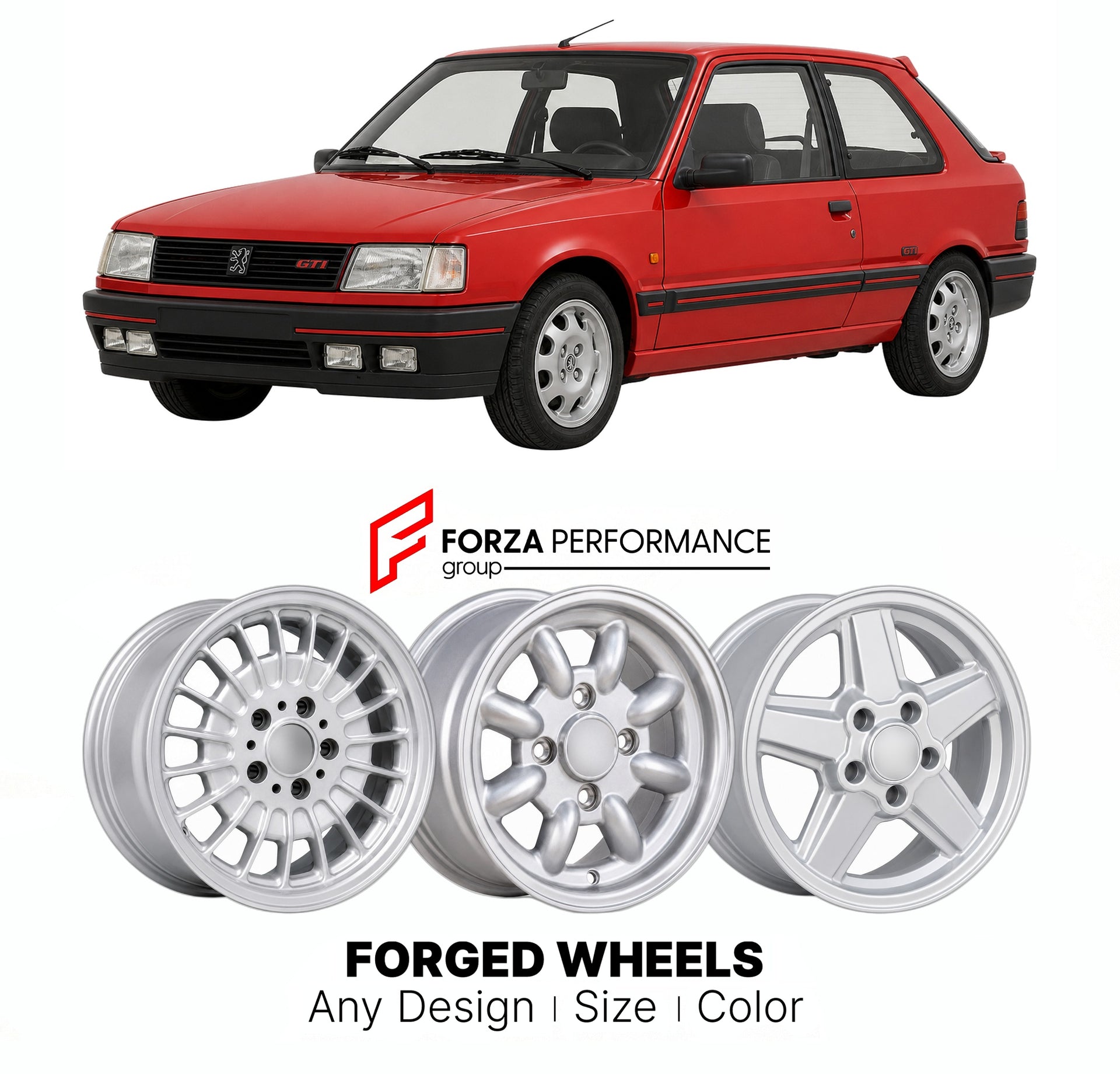 CUSTOM CLASSIC VINTAGE RESTOMOD RETRO OLD SCHOOL FORGED WHEELS RIMS for PEUGEOT 309 GTI 1986 - 1993

Custom forged wheels for Peugeot 309 GTI 1986 - 1993. Classic, vintage, restomod wheel designs made to order in custom sizes, offsets, colors and finishes.

We manufacture premium quality forged wheels rims for Peugeot 309 GTI 1986 - 1993 in any design, size, color.

THIS WHEEL DESIGN CAN BE CUSTOM-MADE FOR YOUR CAR IN ANY SIZE AND COLOR OPTIONS
Available in monoblock, 2-piece, 3-piece, duoblock, beadlock
3D