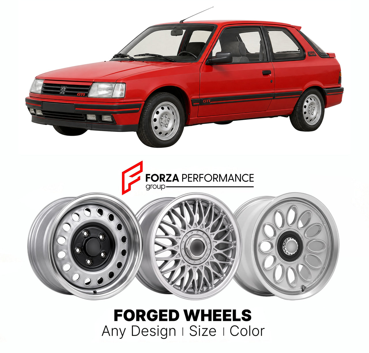 CUSTOM CLASSIC VINTAGE RESTOMOD RETRO OLD SCHOOL FORGED WHEELS RIMS for PEUGEOT 309 GTI 1987 - 1993

Custom forged wheels for Peugeot 309 GTI 1987 - 1993. Classic, vintage, restomod wheel designs made to order in custom sizes, offsets, colors and finishes.

We manufacture premium quality forged wheels rims for Peugeot 309 GTI 1987 - 1993 in any design, size, color.

THIS WHEEL DESIGN CAN BE CUSTOM-MADE FOR YOUR CAR IN ANY SIZE AND COLOR OPTIONS
Available in monoblock, 2-piece, 3-piece, duoblock, beadlock
3D