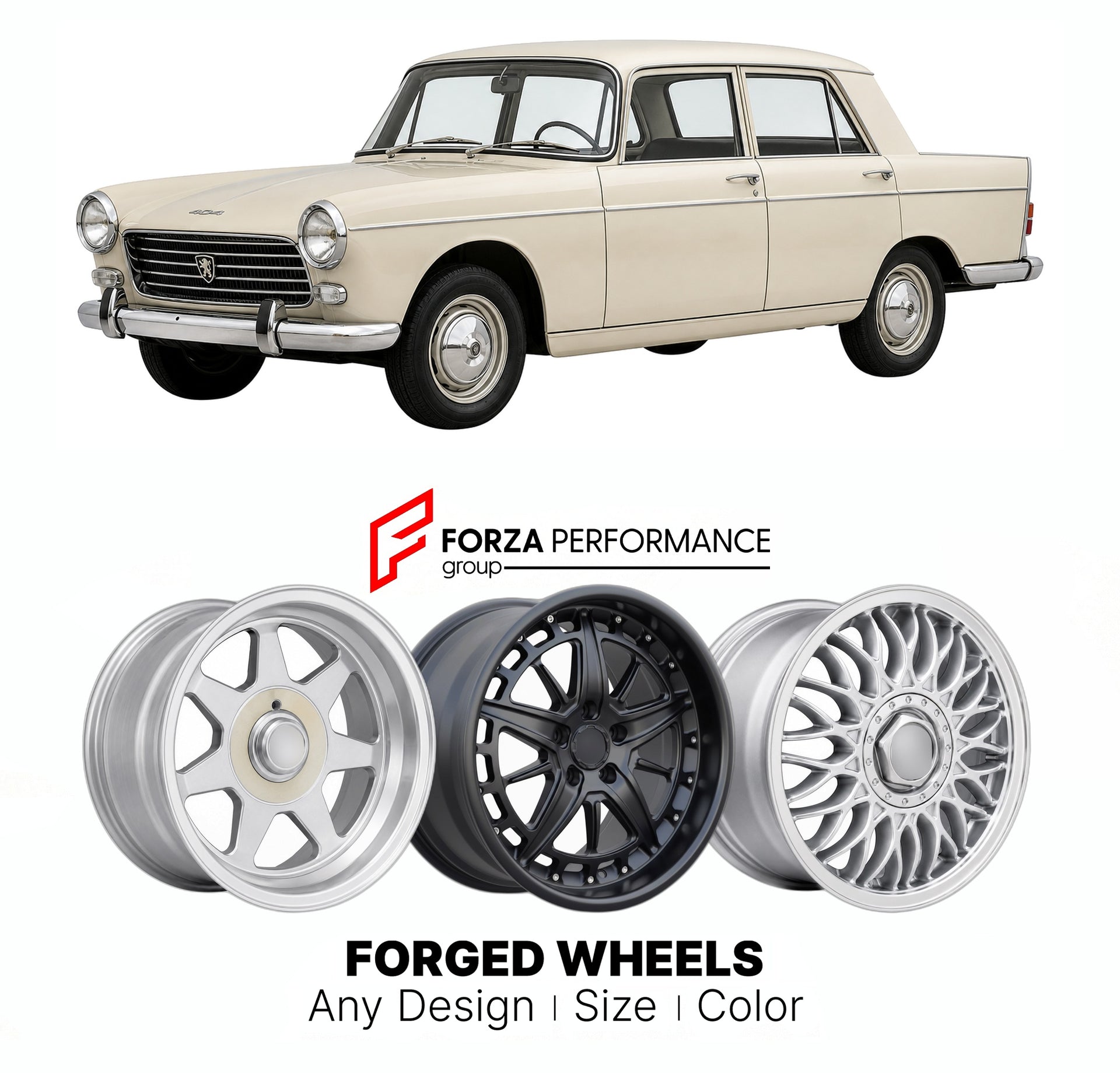 CUSTOM CLASSIC VINTAGE RESTOMOD RETRO OLD SCHOOL FORGED WHEELS RIMS for PEUGEOT 404 1960 - 1975

Custom forged wheels for Peugeot 404 1960 - 1975. Classic, vintage, restomod wheel designs made to order in custom sizes, offsets, colors and finishes.

We manufacture premium quality forged wheels rims for Peugeot 404 1960 - 1975 in any design, size, color.

THIS WHEEL DESIGN CAN BE CUSTOM-MADE FOR YOUR CAR IN ANY SIZE AND COLOR OPTIONS
Available in monoblock, 2-piece, 3-piece, duoblock, beadlock
3D wheel rende