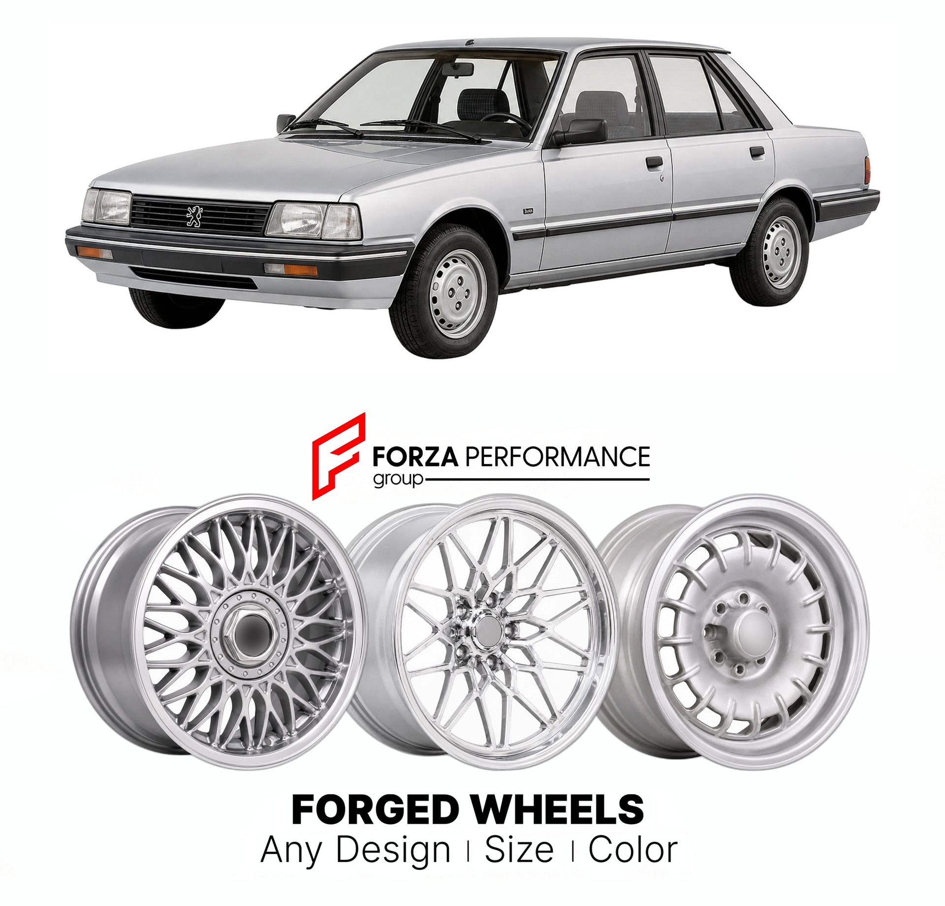CUSTOM CLASSIC VINTAGE RESTOMOD RETRO OLD SCHOOL FORGED WHEELS RIMS for PEUGEOT 405 1987 - 1997

Custom forged wheels for Peugeot 405 1987 - 1997. Classic, vintage, restomod wheel designs made to order in custom sizes, offsets, colors and finishes.

We manufacture premium quality forged wheels rims for Peugeot 405 1987 - 1997 in any design, size, color.

THIS WHEEL DESIGN CAN BE CUSTOM-MADE FOR YOUR CAR IN ANY SIZE AND COLOR OPTIONS
Available in monoblock, 2-piece, 3-piece, duoblock, beadlock
3D wheel rende