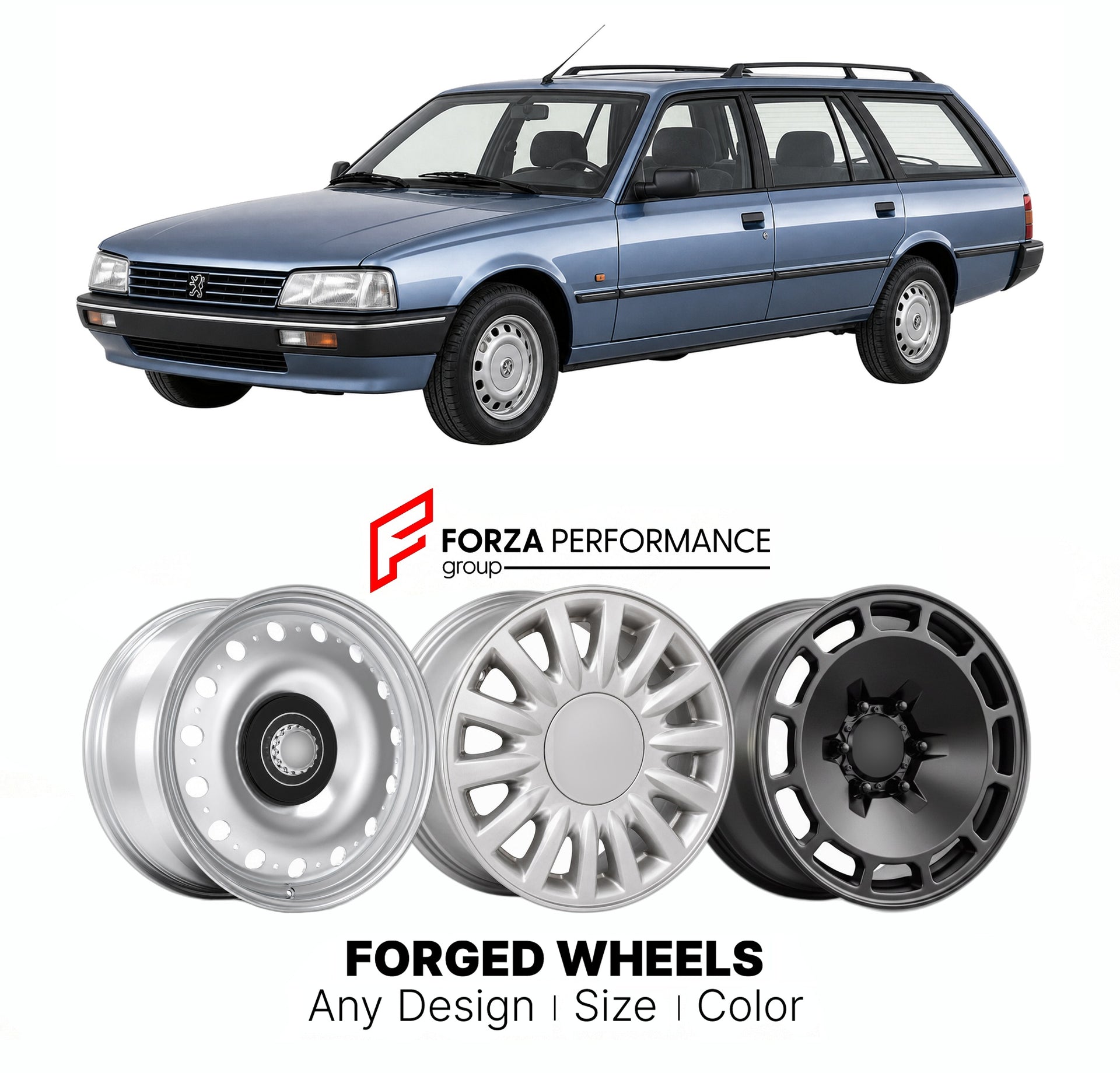CUSTOM CLASSIC VINTAGE RESTOMOD RETRO OLD SCHOOL FORGED WHEELS RIMS for PEUGEOT 405 BREAK 1988 - 1997

Custom forged wheels for Peugeot 405 Break 1988 - 1997. Classic, vintage, restomod wheel designs made to order in custom sizes, offsets, colors and finishes.

We manufacture premium quality forged wheels rims for Peugeot 405 Break 1988 - 1997 in any design, size, color.

THIS WHEEL DESIGN CAN BE CUSTOM-MADE FOR YOUR CAR IN ANY SIZE AND COLOR OPTIONS
Available in monoblock, 2-piece, 3-piece, duoblock, beadl