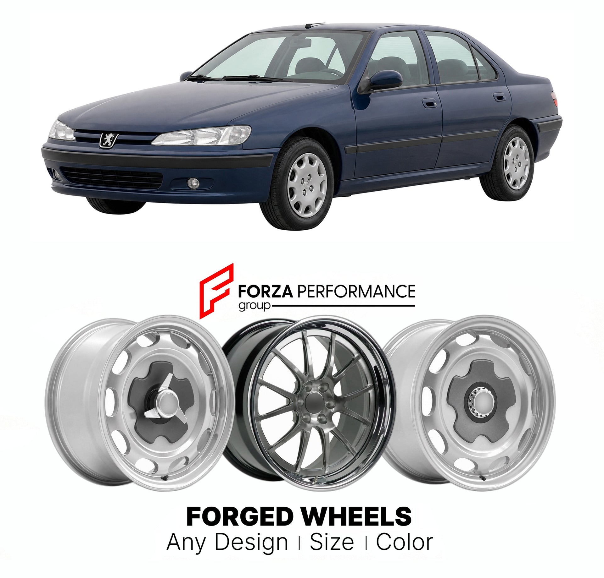 CUSTOM CLASSIC VINTAGE RESTOMOD RETRO OLD SCHOOL FORGED WHEELS RIMS for PEUGEOT 406 1995 - 2004

Custom forged wheels for Peugeot 406 1995 - 2004. Classic, vintage, restomod wheel designs made to order in custom sizes, offsets, colors and finishes.

We manufacture premium quality forged wheels rims for Peugeot 406 1995 - 2004 in any design, size, color.

THIS WHEEL DESIGN CAN BE CUSTOM-MADE FOR YOUR CAR IN ANY SIZE AND COLOR OPTIONS
Available in monoblock, 2-piece, 3-piece, duoblock, beadlock
3D wheel rende