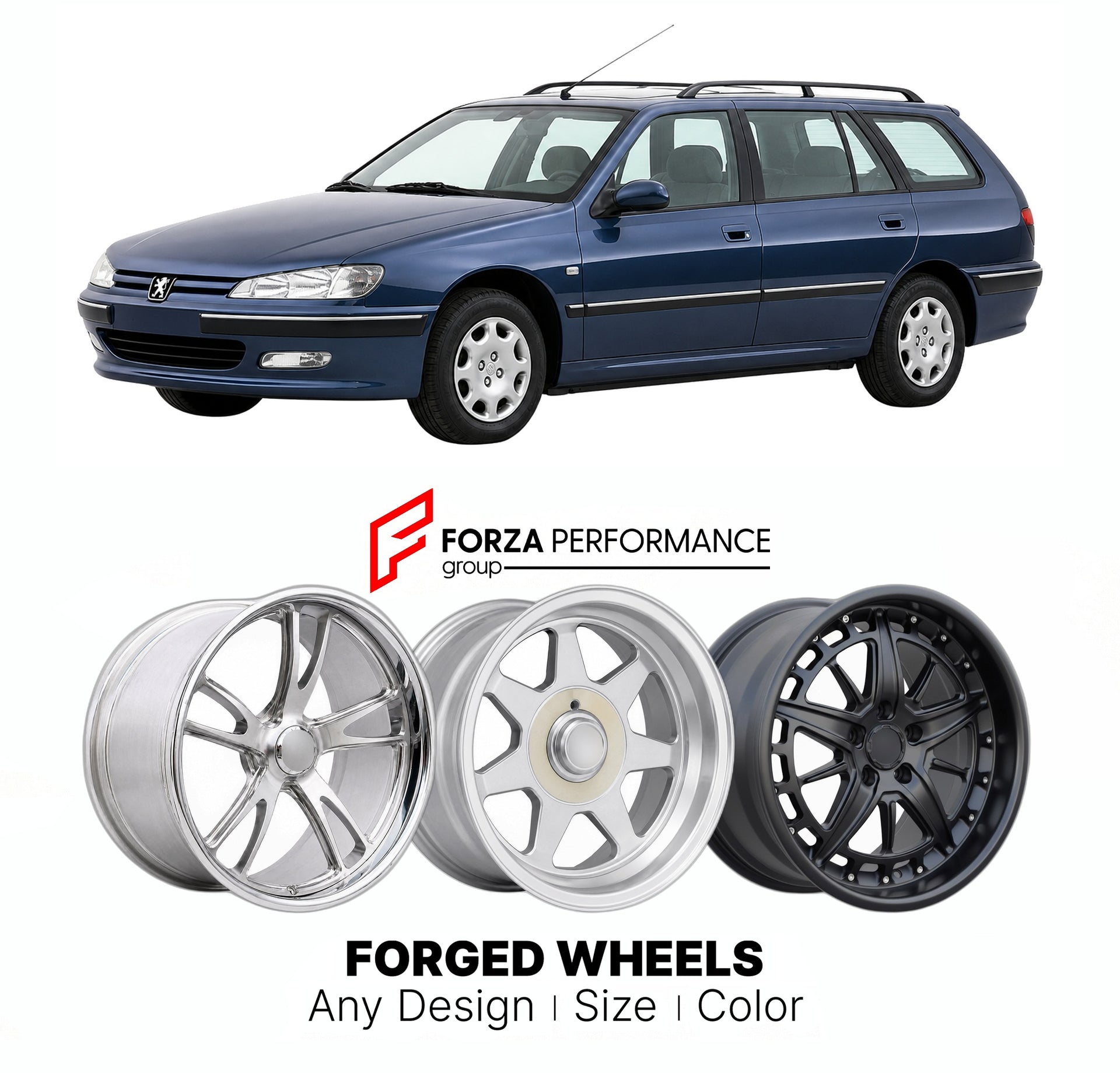CUSTOM CLASSIC VINTAGE RESTOMOD RETRO OLD SCHOOL FORGED WHEELS RIMS for PEUGEOT 406 BREAK 1996 - 2004

Custom forged wheels for Peugeot 406 Break 1996 - 2004. Classic, vintage, restomod wheel designs made to order in custom sizes, offsets, colors and finishes.

We manufacture premium quality forged wheels rims for Peugeot 406 Break 1996 - 2004 in any design, size, color.

THIS WHEEL DESIGN CAN BE CUSTOM-MADE FOR YOUR CAR IN ANY SIZE AND COLOR OPTIONS
Available in monoblock, 2-piece, 3-piece, duoblock, beadl