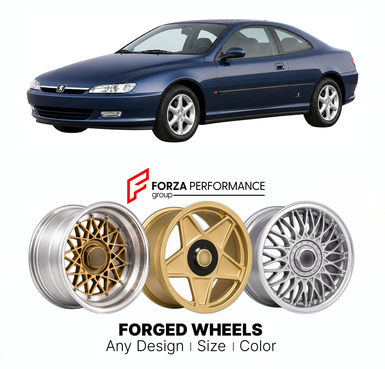 CUSTOM CLASSIC VINTAGE RESTOMOD RETRO OLD SCHOOL FORGED WHEELS RIMS for PEUGEOT 406 COUPE 1997 - 2004

Custom forged wheels for Peugeot 406 Coupe 1997 - 2004. Classic, vintage, restomod wheel designs made to order in custom sizes, offsets, colors and finishes.

We manufacture premium quality forged wheels rims for Peugeot 406 Coupe 1997 - 2004 in any design, size, color.

THIS WHEEL DESIGN CAN BE CUSTOM-MADE FOR YOUR CAR IN ANY SIZE AND COLOR OPTIONS
Available in monoblock, 2-piece, 3-piece, duoblock, beadl