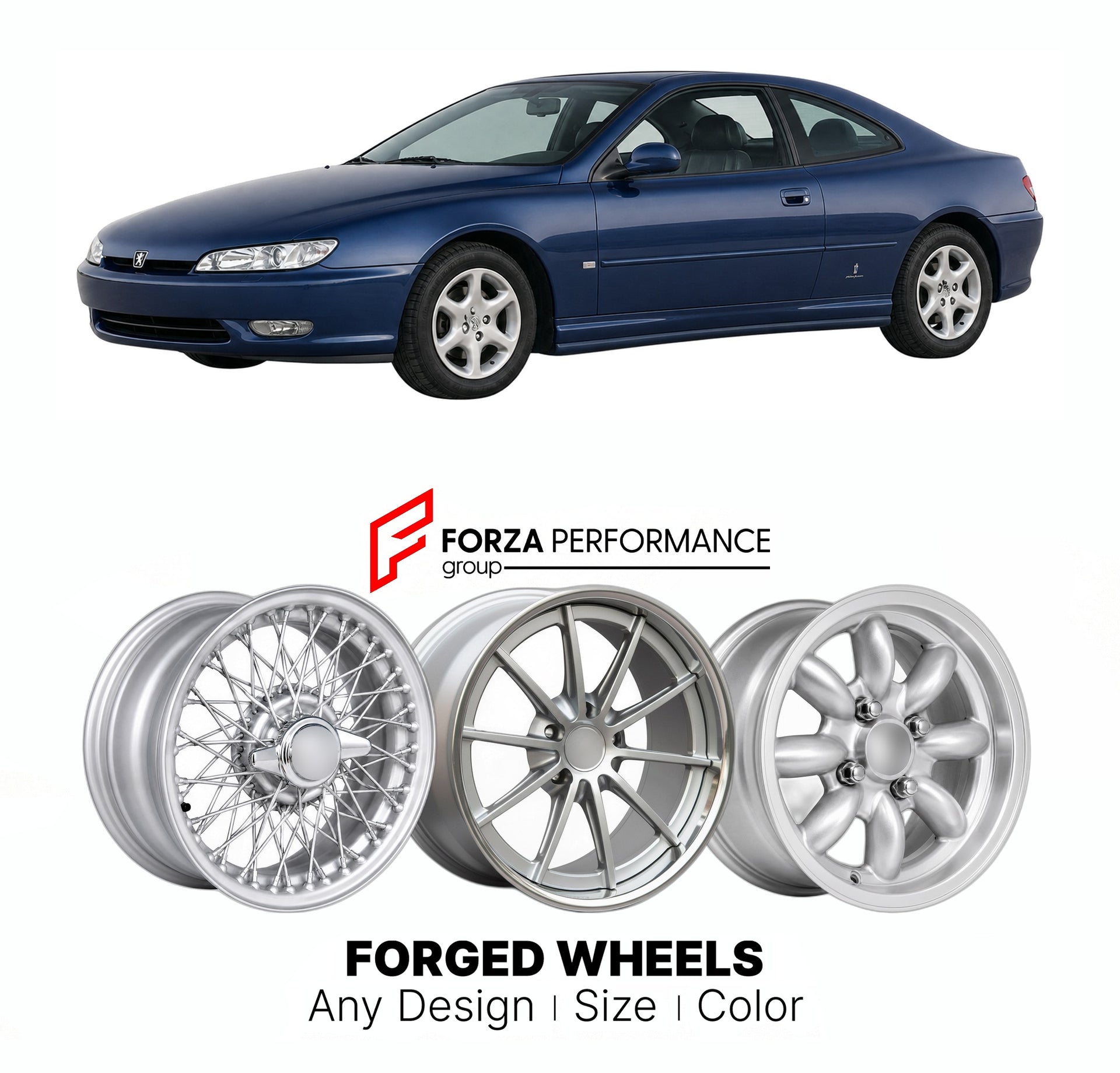 CUSTOM CLASSIC VINTAGE RESTOMOD RETRO OLD SCHOOL FORGED WHEELS RIMS for PEUGEOT 406 COUPE PININFARINA 1996 - 2004

Custom forged wheels for Peugeot 406 Coupe Pininfarina 1996 - 2004. Classic, vintage, restomod wheel designs made to order in custom sizes, offsets, colors and finishes.

We manufacture premium quality forged wheels rims for Peugeot 406 Coupe Pininfarina 1996 - 2004 in any design, size, color.

THIS WHEEL DESIGN CAN BE CUSTOM-MADE FOR YOUR CAR IN ANY SIZE AND COLOR OPTIONS
Available in monobloc