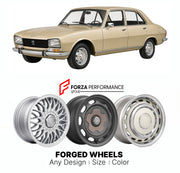 CUSTOM CLASSIC VINTAGE RESTOMOD RETRO OLD SCHOOL FORGED WHEELS RIMS for PEUGEOT 504 1968 - 1983

Custom forged wheels for Peugeot 504 1968 - 1983. Classic, vintage, restomod wheel designs made to order in custom sizes, offsets, colors and finishes.

We manufacture premium quality forged wheels rims for Peugeot 504 1968 - 1983 in any design, size, color.

THIS WHEEL DESIGN CAN BE CUSTOM-MADE FOR YOUR CAR IN ANY SIZE AND COLOR OPTIONS
Available in monoblock, 2-piece, 3-piece, duoblock, beadlock
3D wheel rende