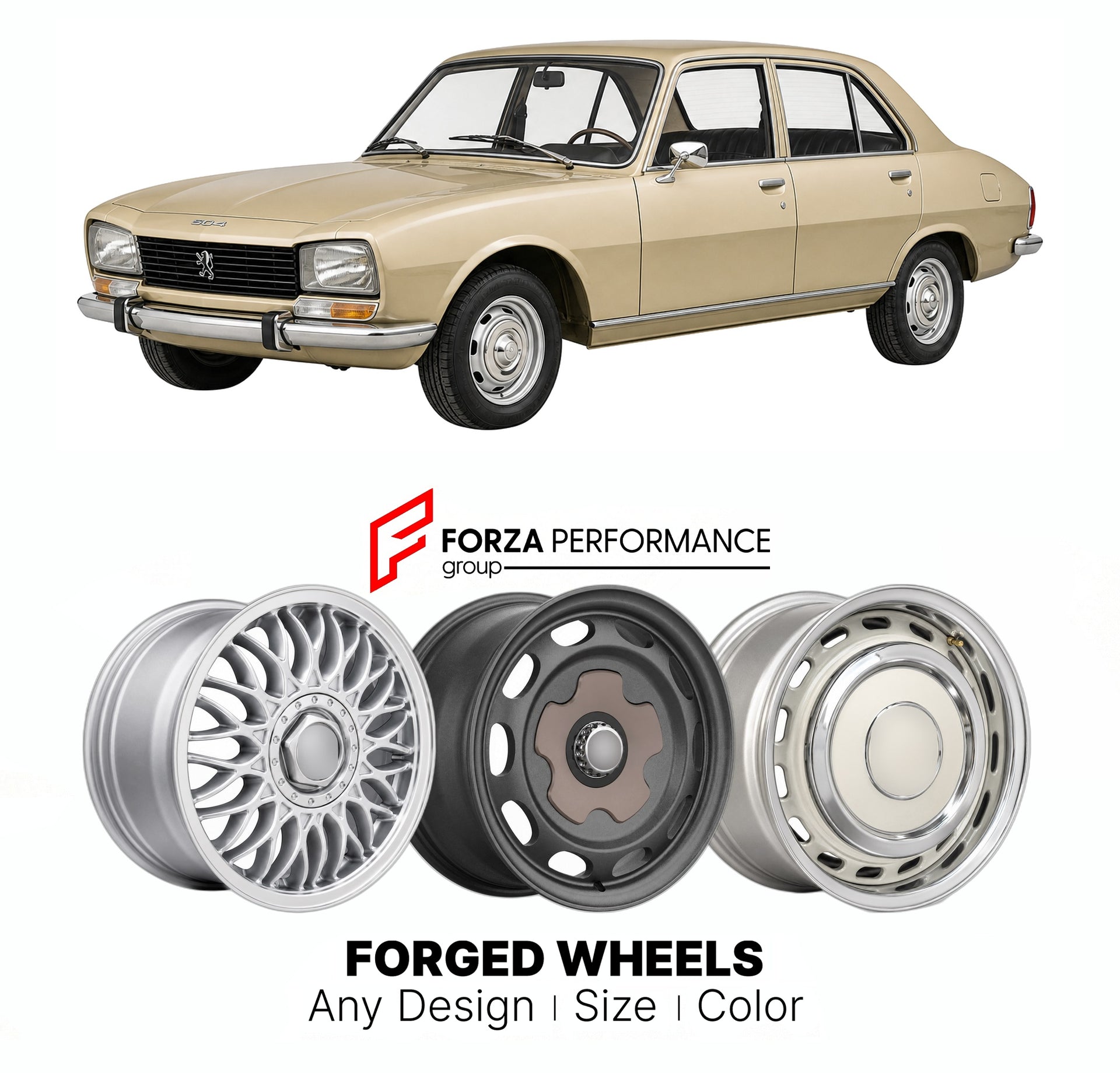 CUSTOM CLASSIC VINTAGE RESTOMOD RETRO OLD SCHOOL FORGED WHEELS RIMS for PEUGEOT 504 1968 - 1983

Custom forged wheels for Peugeot 504 1968 - 1983. Classic, vintage, restomod wheel designs made to order in custom sizes, offsets, colors and finishes.

We manufacture premium quality forged wheels rims for Peugeot 504 1968 - 1983 in any design, size, color.

THIS WHEEL DESIGN CAN BE CUSTOM-MADE FOR YOUR CAR IN ANY SIZE AND COLOR OPTIONS
Available in monoblock, 2-piece, 3-piece, duoblock, beadlock
3D wheel rende