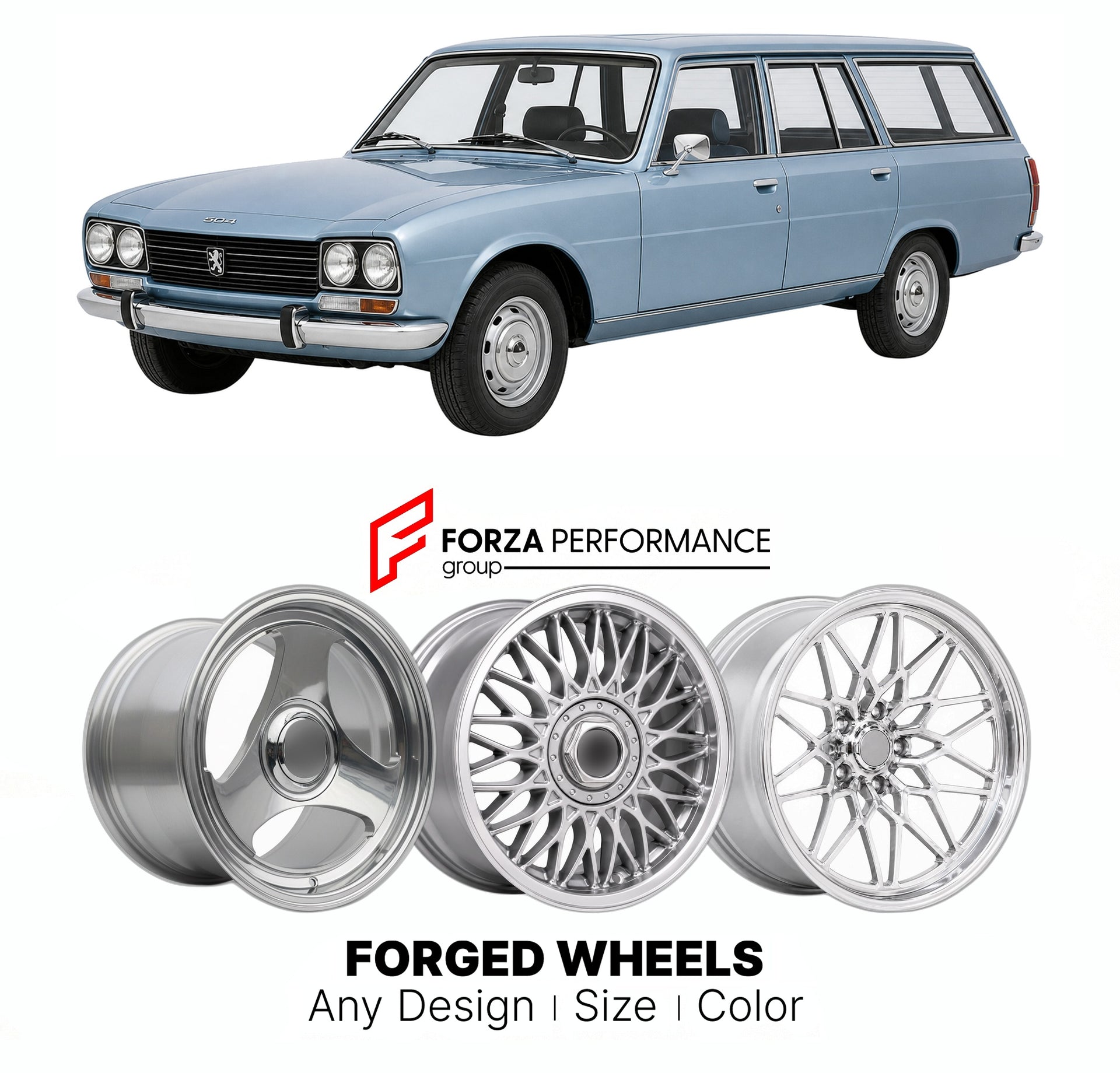 CUSTOM CLASSIC VINTAGE RESTOMOD RETRO OLD SCHOOL FORGED WHEELS RIMS for PEUGEOT 504 BREAK 1971 - 1983

Custom forged wheels for Peugeot 504 Break 1971 - 1983. Classic, vintage, restomod wheel designs made to order in custom sizes, offsets, colors and finishes.

We manufacture premium quality forged wheels rims for Peugeot 504 Break 1971 - 1983 in any design, size, color.

THIS WHEEL DESIGN CAN BE CUSTOM-MADE FOR YOUR CAR IN ANY SIZE AND COLOR OPTIONS
Available in monoblock, 2-piece, 3-piece, duoblock, beadl