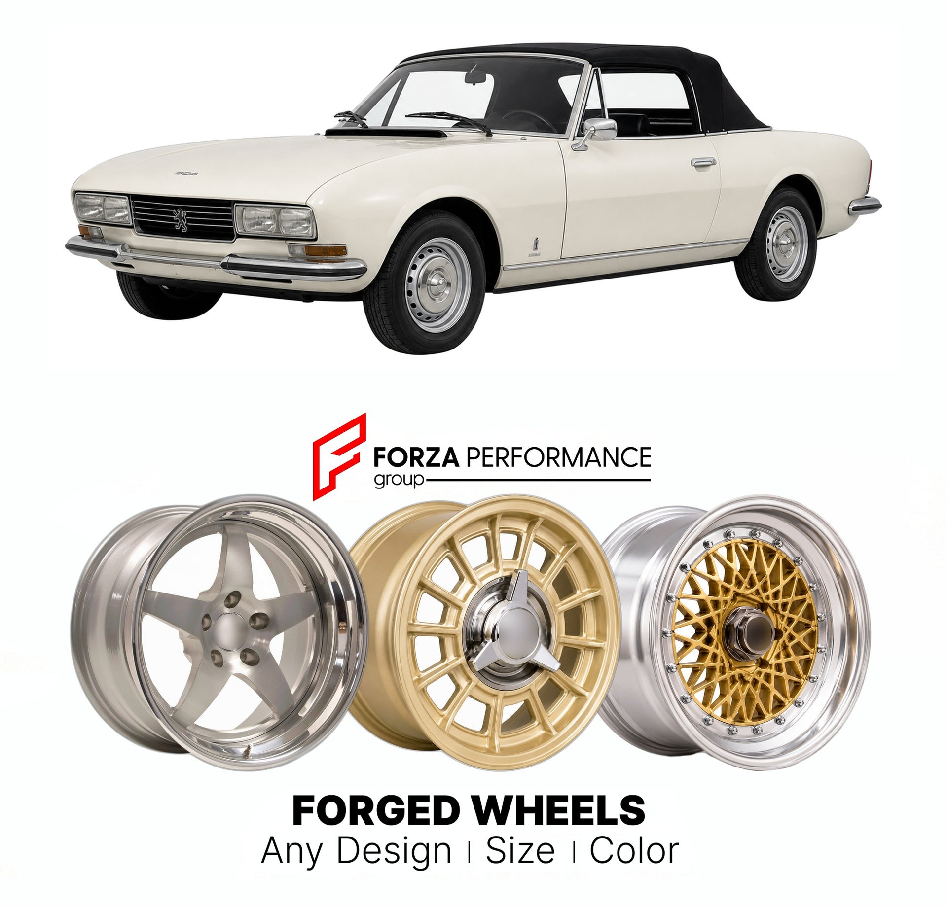 CUSTOM CLASSIC VINTAGE RESTOMOD RETRO OLD SCHOOL FORGED WHEELS RIMS for PEUGEOT 504 CABRIOLET 1969 - 1983

Custom forged wheels for Peugeot 504 Cabriolet 1969 - 1983. Classic, vintage, restomod wheel designs made to order in custom sizes, offsets, colors and finishes.

We manufacture premium quality forged wheels rims for Peugeot 504 Cabriolet 1969 - 1983 in any design, size, color.

THIS WHEEL DESIGN CAN BE CUSTOM-MADE FOR YOUR CAR IN ANY SIZE AND COLOR OPTIONS
Available in monoblock, 2-piece, 3-piece, duo