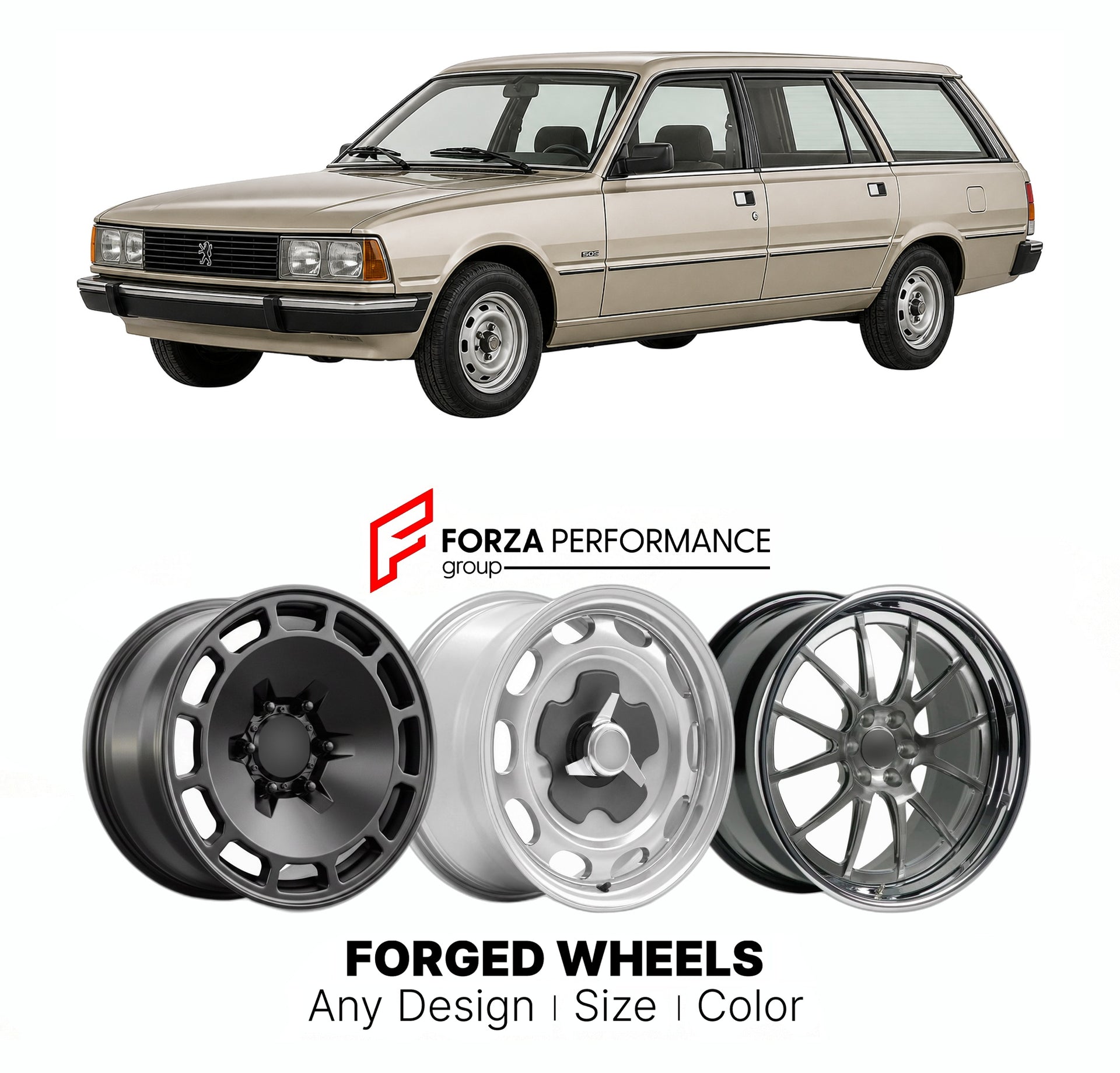 CUSTOM CLASSIC VINTAGE RESTOMOD RETRO OLD SCHOOL FORGED WHEELS RIMS for PEUGEOT 505 BREAK 1982 - 1992

Custom forged wheels for Peugeot 505 Break 1982 - 1992. Classic, vintage, restomod wheel designs made to order in custom sizes, offsets, colors and finishes.

We manufacture premium quality forged wheels rims for Peugeot 505 Break 1982 - 1992 in any design, size, color.

THIS WHEEL DESIGN CAN BE CUSTOM-MADE FOR YOUR CAR IN ANY SIZE AND COLOR OPTIONS
Available in monoblock, 2-piece, 3-piece, duoblock, beadl