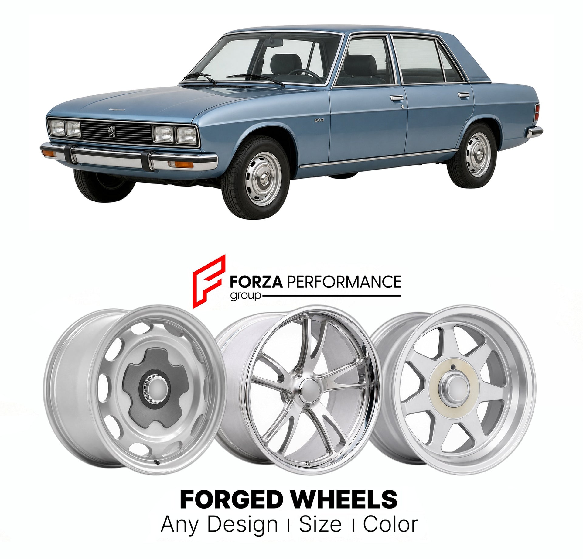 CUSTOM CLASSIC VINTAGE RESTOMOD RETRO OLD SCHOOL FORGED WHEELS RIMS for PEUGEOT 604 1975 - 1985

Custom forged wheels for Peugeot 604 1975 - 1985. Classic, vintage, restomod wheel designs made to order in custom sizes, offsets, colors and finishes.

We manufacture premium quality forged wheels rims for Peugeot 604 1975 - 1985 in any design, size, color.

THIS WHEEL DESIGN CAN BE CUSTOM-MADE FOR YOUR CAR IN ANY SIZE AND COLOR OPTIONS
Available in monoblock, 2-piece, 3-piece, duoblock, beadlock
3D wheel rende