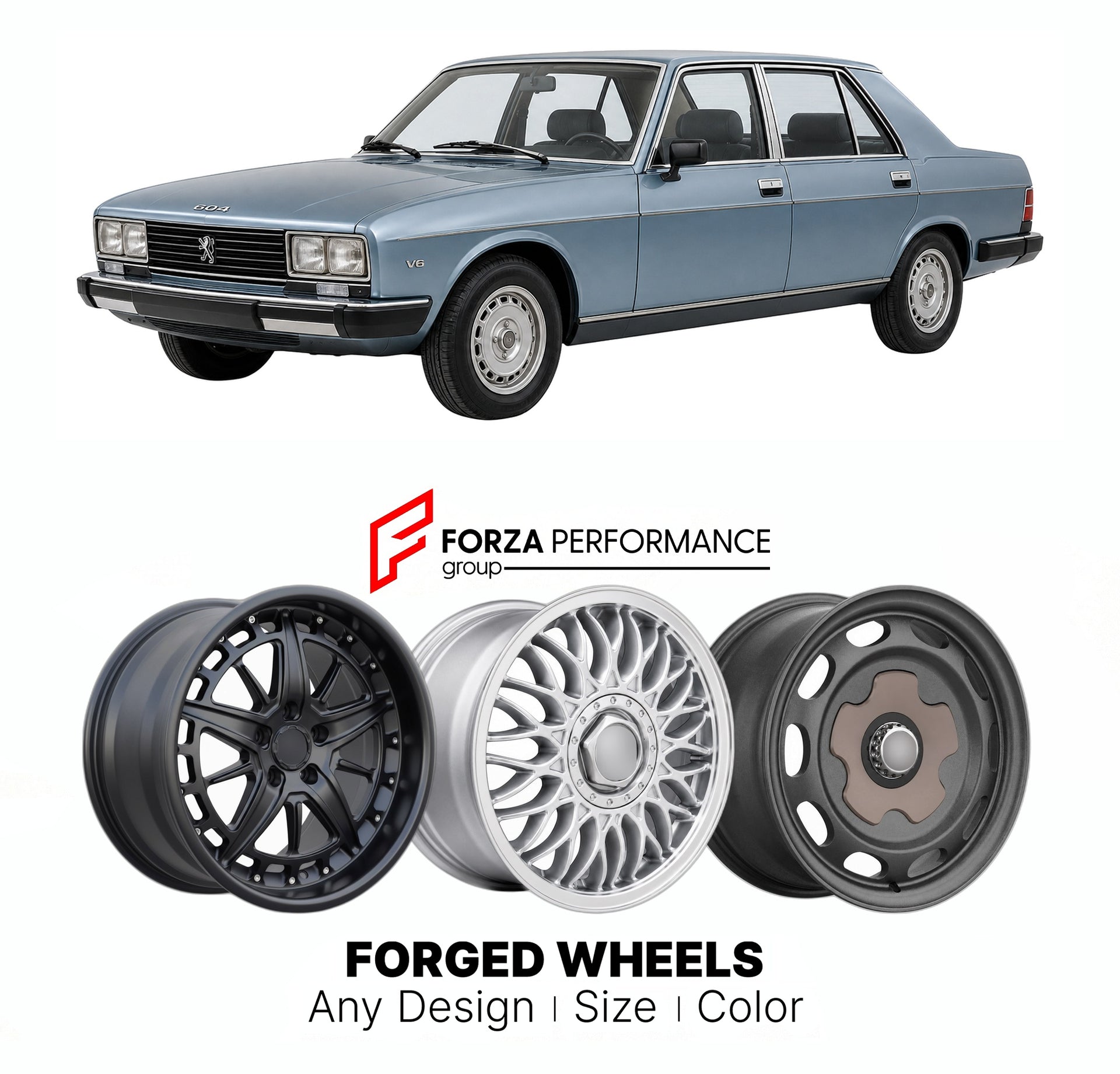 CUSTOM CLASSIC VINTAGE RESTOMOD RETRO OLD SCHOOL FORGED WHEELS RIMS for PEUGEOT 604 V6 SL 1975 - 1985

Custom forged wheels for Peugeot 604 V6 SL 1975 - 1985. Classic, vintage, restomod wheel designs made to order in custom sizes, offsets, colors and finishes.

We manufacture premium quality forged wheels rims for Peugeot 604 V6 SL 1975 - 1985 in any design, size, color.

THIS WHEEL DESIGN CAN BE CUSTOM-MADE FOR YOUR CAR IN ANY SIZE AND COLOR OPTIONS
Available in monoblock, 2-piece, 3-piece, duoblock, beadl