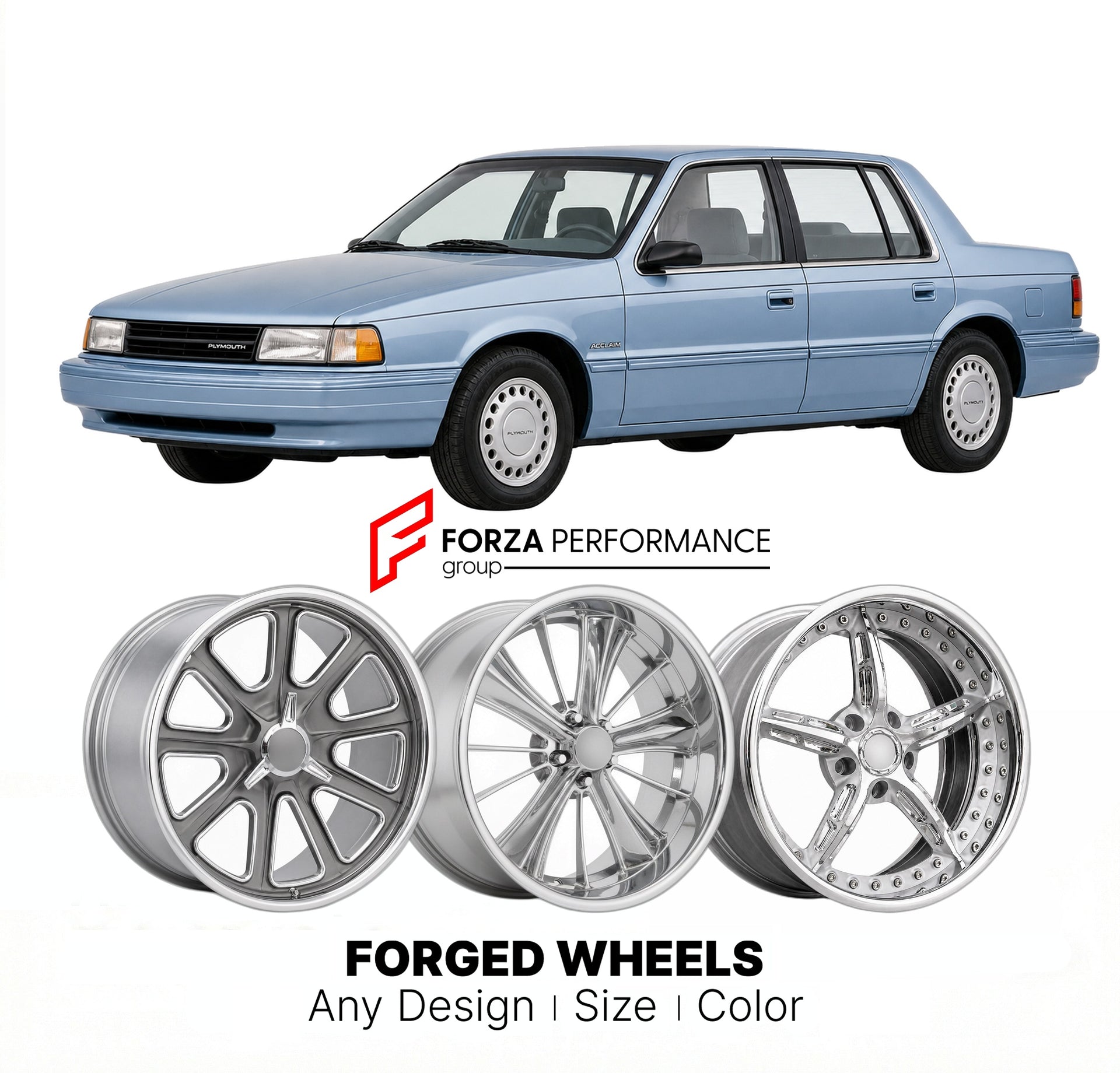 CUSTOM CLASSIC VINTAGE RESTOMOD RETRO OLD SCHOOL FORGED WHEELS RIMS for PLYMOUTH ACCLAIM 1990 - 1990
Custom forged wheels for classic American muscle cars. Ideal for restomod builds, vintage restorations, and show cars. Deep dish and retro styling available.

We manufacture premium quality forged wheels rims for Plymouth Acclaim 1990 - 1990 in any design, size, color.

THIS WHEEL DESIGN CAN BE CUSTOM-MADE FOR YOUR CAR IN ANY SIZE AND COLOR OPTIONS
Available in monoblock, 2-piece, 3-piece, duoblock, beadlock