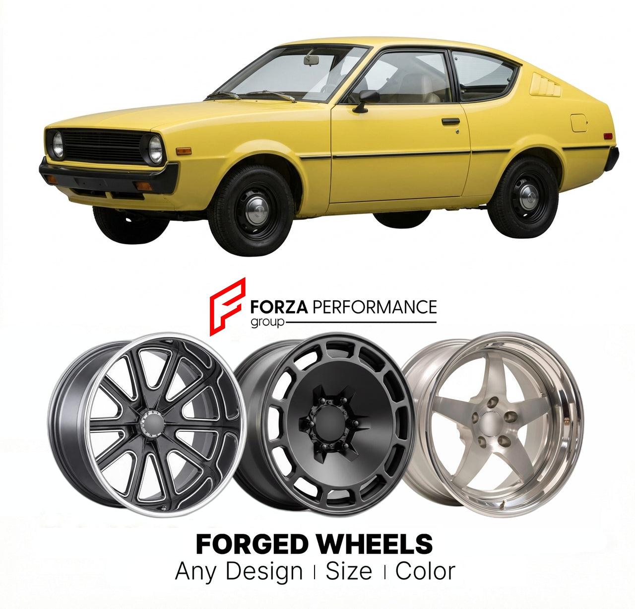 CUSTOM CLASSIC VINTAGE RESTOMOD RETRO OLD SCHOOL FORGED WHEELS RIMS for PLYMOUTH ARROW 1976 - 1980
Custom forged wheels for classic American muscle cars. Ideal for restomod builds, vintage restorations, and show cars. Deep dish and retro styling available.

We manufacture premium quality forged wheels rims for Plymouth Arrow 1976 - 1980 in any design, size, color.

THIS WHEEL DESIGN CAN BE CUSTOM-MADE FOR YOUR CAR IN ANY SIZE AND COLOR OPTIONS
Available in monoblock, 2-piece, 3-piece, duoblock, beadlock
3D 