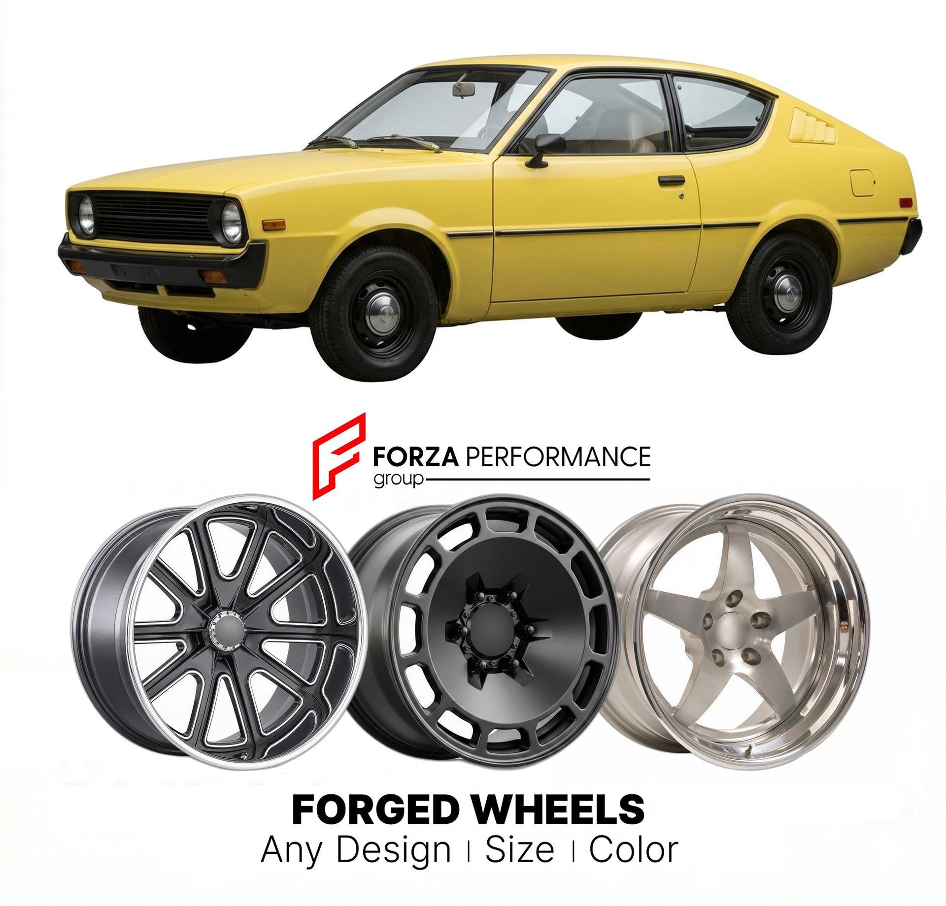 CUSTOM CLASSIC VINTAGE RESTOMOD RETRO OLD SCHOOL FORGED WHEELS RIMS for PLYMOUTH ARROW 1976 - 1980
Custom forged wheels for classic American muscle cars. Ideal for restomod builds, vintage restorations, and show cars. Deep dish and retro styling available.

We manufacture premium quality forged wheels rims for Plymouth Arrow 1976 - 1980 in any design, size, color.

THIS WHEEL DESIGN CAN BE CUSTOM-MADE FOR YOUR CAR IN ANY SIZE AND COLOR OPTIONS
Available in monoblock, 2-piece, 3-piece, duoblock, beadlock
3D 