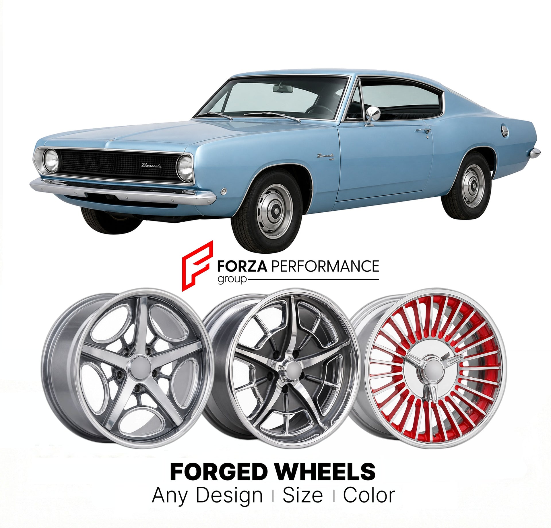 CUSTOM CLASSIC VINTAGE RESTOMOD RETRO OLD SCHOOL FORGED WHEELS RIMS for PLYMOUTH BARRACUDA 1967 - 1969
Custom forged wheels for classic American muscle cars. Ideal for restomod builds, vintage restorations, and show cars. Deep dish and retro styling available.

We manufacture premium quality forged wheels rims for Plymouth Barracuda 1967 - 1969 in any design, size, color.

THIS WHEEL DESIGN CAN BE CUSTOM-MADE FOR YOUR CAR IN ANY SIZE AND COLOR OPTIONS
Available in monoblock, 2-piece, 3-piece, duoblock, bead