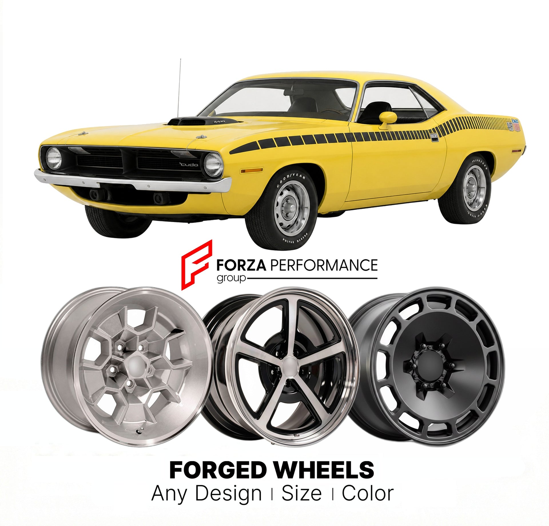 CUSTOM CLASSIC VINTAGE RESTOMOD RETRO OLD SCHOOL FORGED WHEELS RIMS for PLYMOUTH BARRACUDA 1970 - 1974
Custom forged wheels for classic American muscle cars. Ideal for restomod builds, vintage restorations, and show cars. Deep dish and retro styling available.

We manufacture premium quality forged wheels rims for Plymouth Barracuda 1970 - 1974 in any design, size, color.

THIS WHEEL DESIGN CAN BE CUSTOM-MADE FOR YOUR CAR IN ANY SIZE AND COLOR OPTIONS
Available in monoblock, 2-piece, 3-piece, duoblock, bead