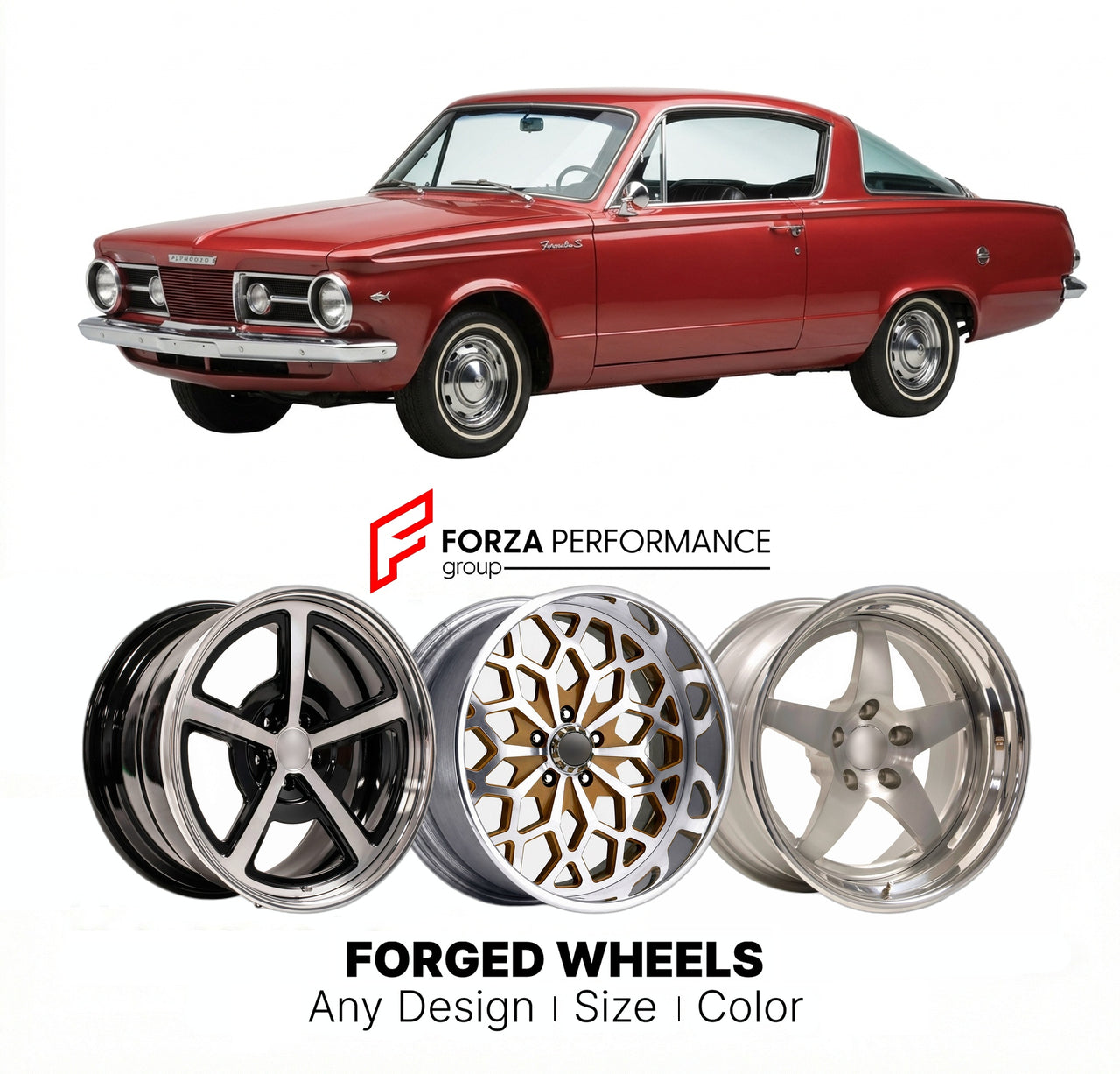 CUSTOM CLASSIC VINTAGE RESTOMOD RETRO OLD SCHOOL FORGED WHEELS RIMS for PLYMOUTH BARRACUDA FORMULA S 1964 - 1966
Custom forged wheels for classic American muscle cars. Ideal for restomod builds, vintage restorations, and show cars. Deep dish and retro styling available.

We manufacture premium quality forged wheels rims for Plymouth Barracuda Formula S 1964 - 1966 in any design, size, color.

THIS WHEEL DESIGN CAN BE CUSTOM-MADE FOR YOUR CAR IN ANY SIZE AND COLOR OPTIONS
Available in monoblock, 2-piece, 3-p