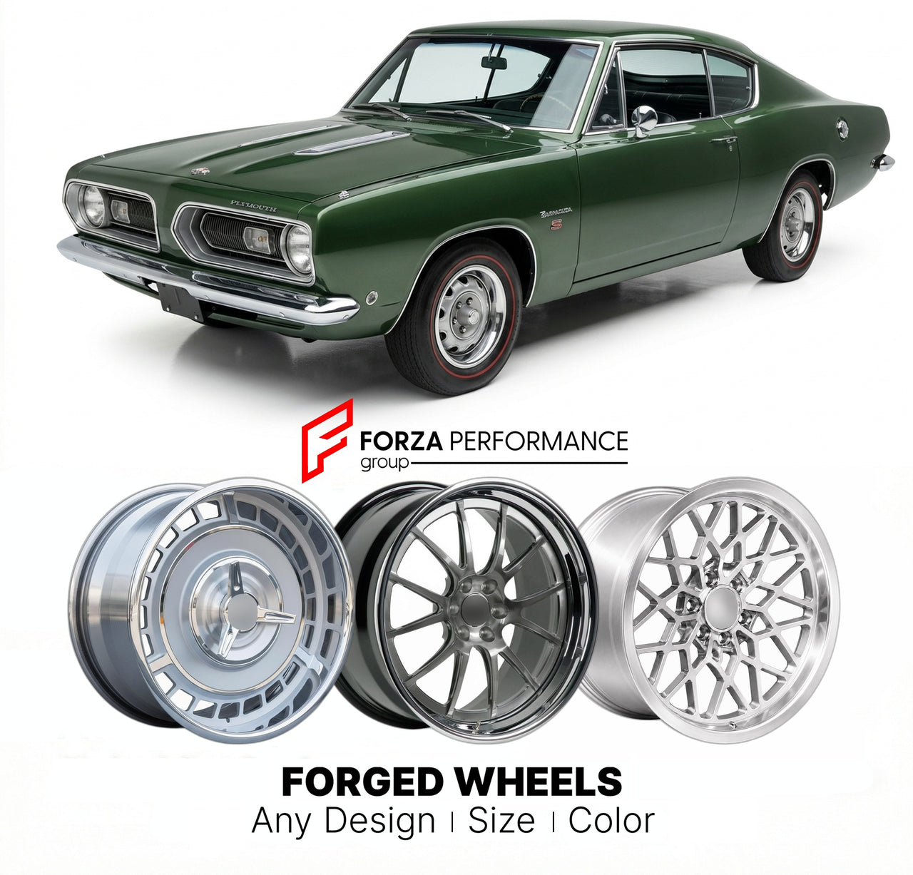 CUSTOM CLASSIC VINTAGE RESTOMOD RETRO OLD SCHOOL FORGED WHEELS RIMS for PLYMOUTH BARRACUDA FORMULA S 1967 - 1969
Custom forged wheels for classic American muscle cars. Ideal for restomod builds, vintage restorations, and show cars. Deep dish and retro styling available.

We manufacture premium quality forged wheels rims for Plymouth Barracuda Formula S 1967 - 1969 in any design, size, color.

THIS WHEEL DESIGN CAN BE CUSTOM-MADE FOR YOUR CAR IN ANY SIZE AND COLOR OPTIONS
Available in monoblock, 2-piece, 3-p