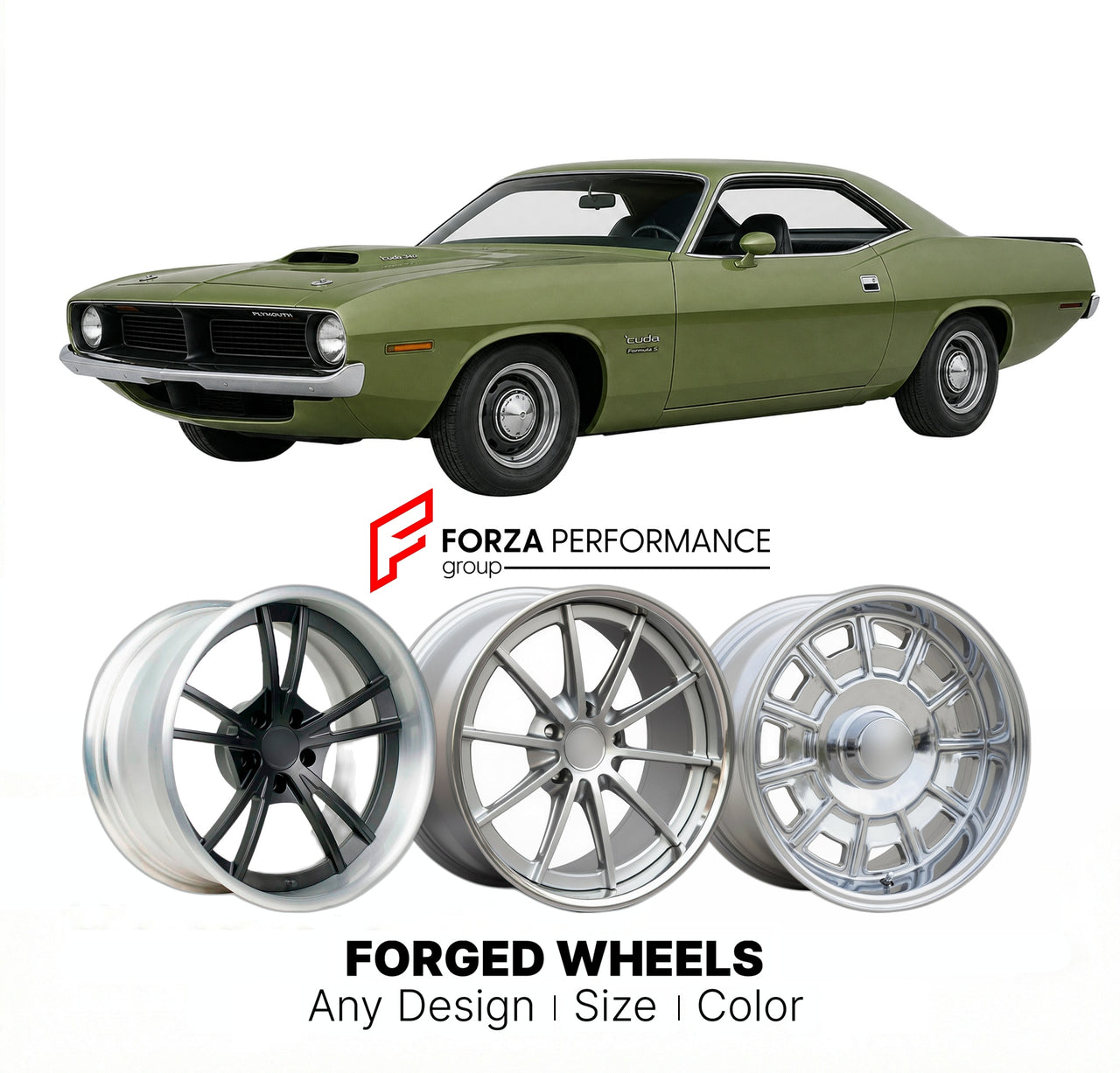 CUSTOM CLASSIC VINTAGE RESTOMOD RETRO OLD SCHOOL FORGED WHEELS RIMS for PLYMOUTH BARRACUDA FORMULA S 1970 - 1974
Custom forged wheels for classic American muscle cars. Ideal for restomod builds, vintage restorations, and show cars. Deep dish and retro styling available.

We manufacture premium quality forged wheels rims for Plymouth Barracuda Formula S 1970 - 1974 in any design, size, color.

THIS WHEEL DESIGN CAN BE CUSTOM-MADE FOR YOUR CAR IN ANY SIZE AND COLOR OPTIONS
Available in monoblock, 2-piece, 3-p