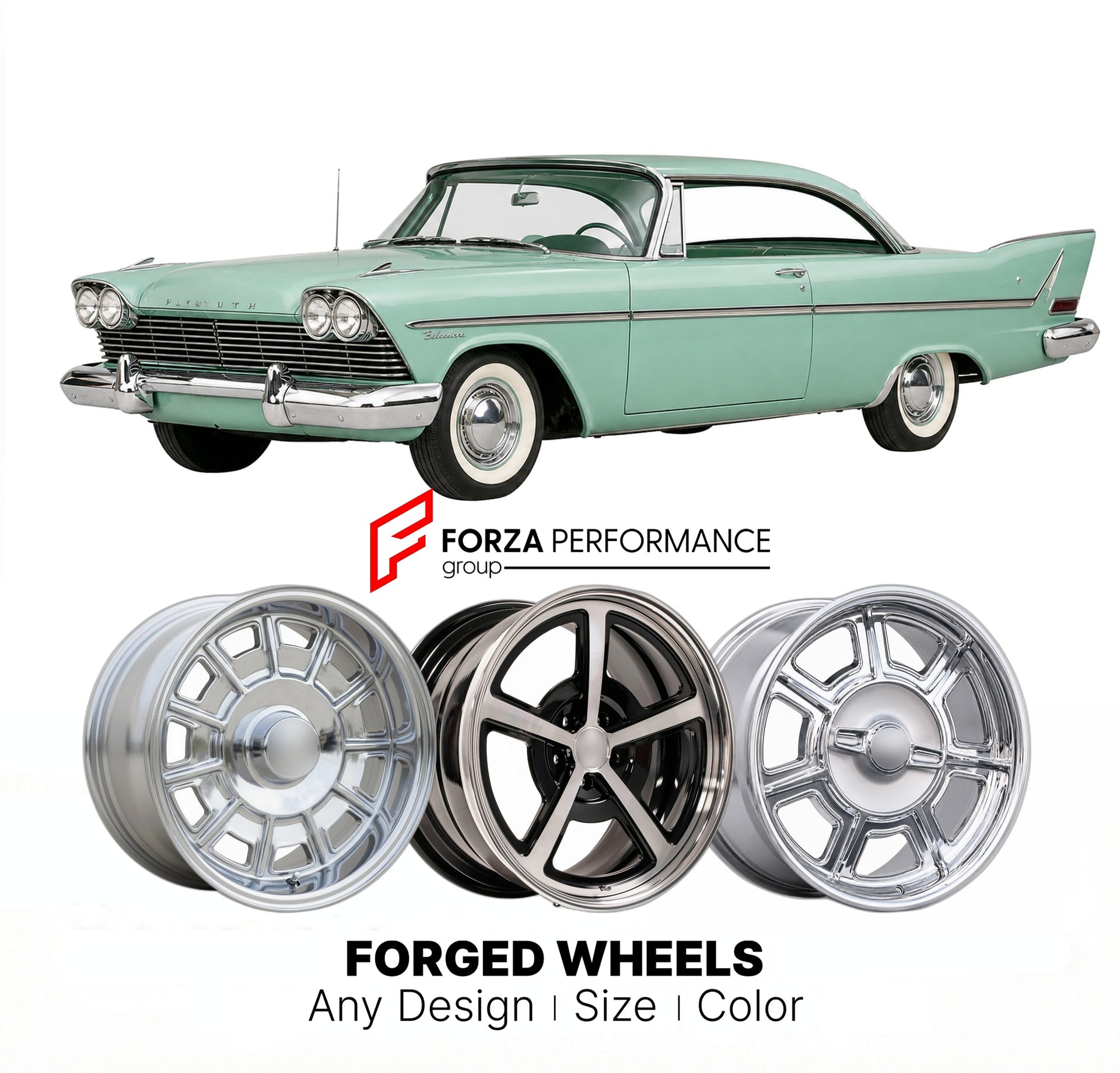 CUSTOM CLASSIC VINTAGE RESTOMOD RETRO OLD SCHOOL FORGED WHEELS RIMS for PLYMOUTH BELVEDERE 1958 - 1960
Custom forged wheels for classic American muscle cars. Ideal for restomod builds, vintage restorations, and show cars. Deep dish and retro styling available.

We manufacture premium quality forged wheels rims for Plymouth Belvedere 1958 - 1960 in any design, size, color.

THIS WHEEL DESIGN CAN BE CUSTOM-MADE FOR YOUR CAR IN ANY SIZE AND COLOR OPTIONS
Available in monoblock, 2-piece, 3-piece, duoblock, bead