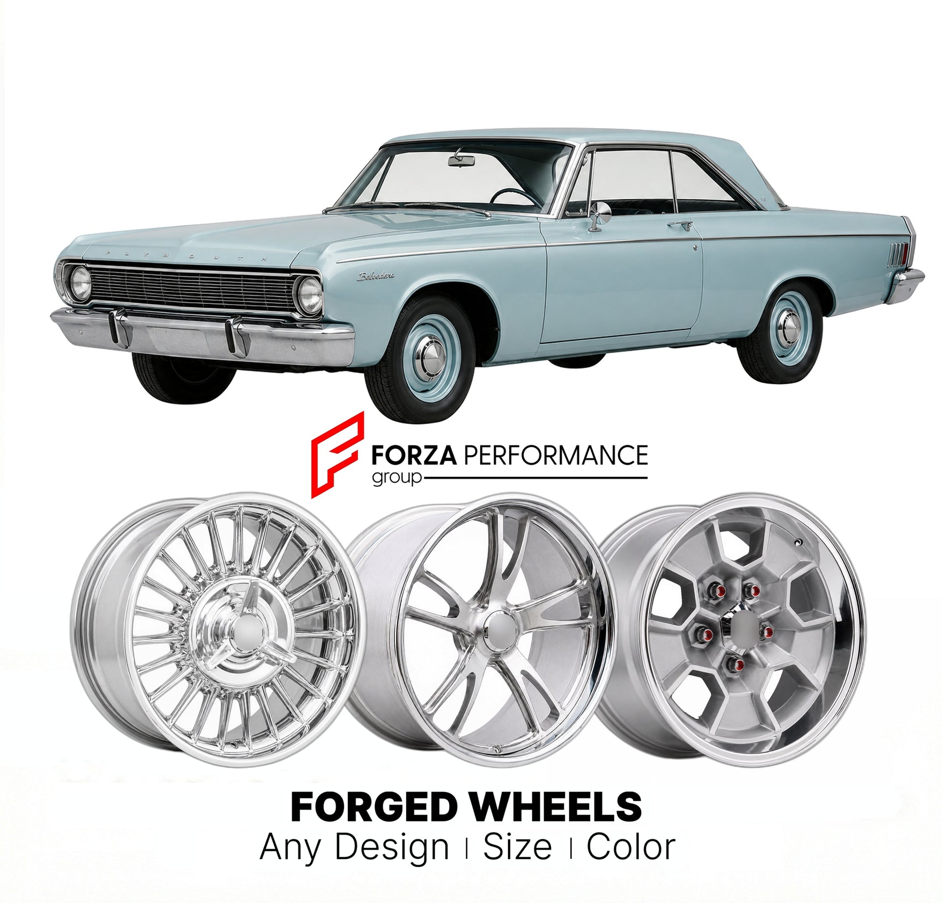 CUSTOM CLASSIC VINTAGE RESTOMOD RETRO OLD SCHOOL FORGED WHEELS RIMS for PLYMOUTH BELVEDERE 1961 - 1964
Custom forged wheels for classic American muscle cars. Ideal for restomod builds, vintage restorations, and show cars. Deep dish and retro styling available.

We manufacture premium quality forged wheels rims for Plymouth Belvedere 1961 - 1964 in any design, size, color.

THIS WHEEL DESIGN CAN BE CUSTOM-MADE FOR YOUR CAR IN ANY SIZE AND COLOR OPTIONS
Available in monoblock, 2-piece, 3-piece, duoblock, bead