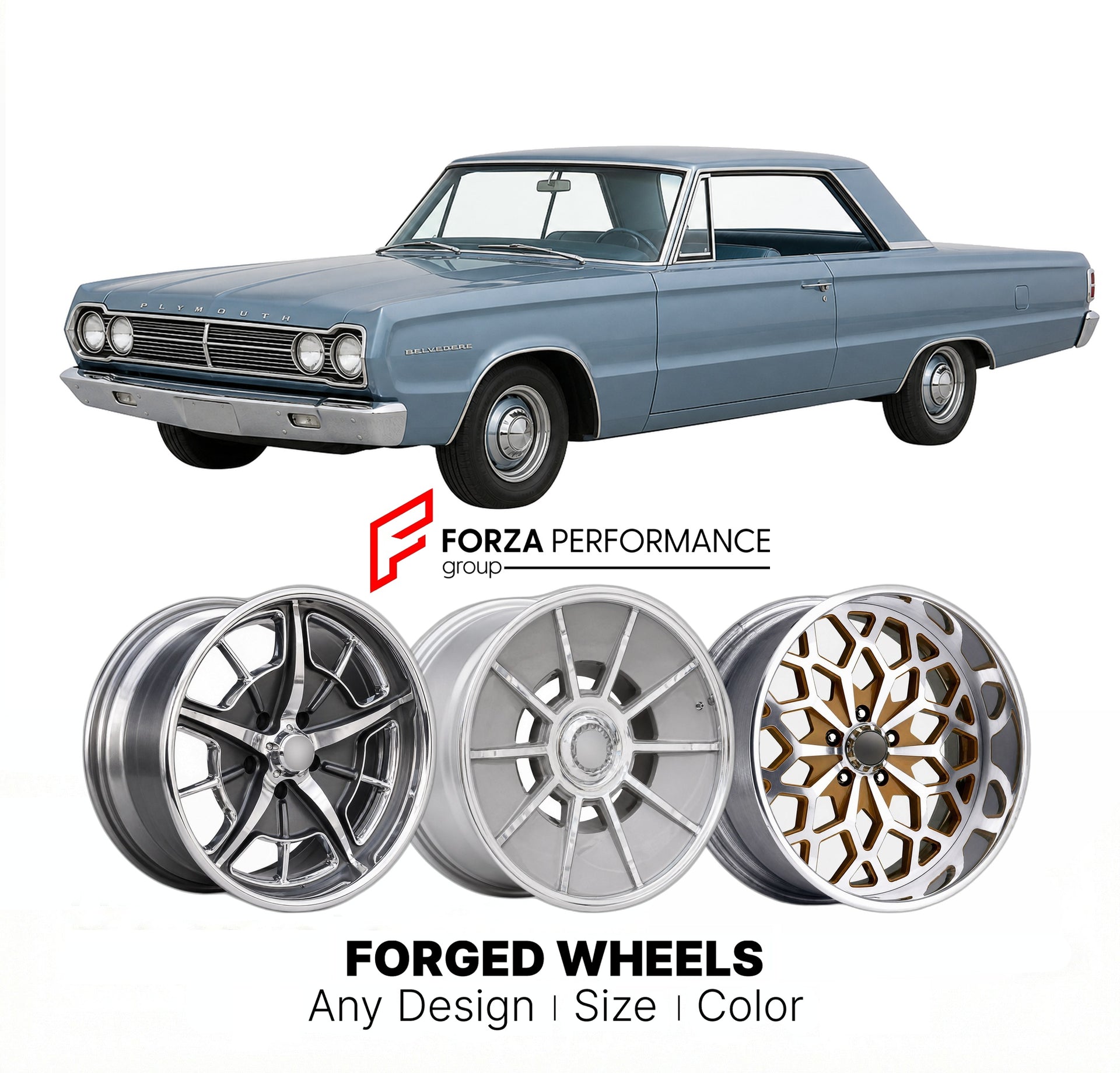 CUSTOM CLASSIC VINTAGE RESTOMOD RETRO OLD SCHOOL FORGED WHEELS RIMS for PLYMOUTH BELVEDERE 1965 - 1967
Custom forged wheels for classic American muscle cars. Ideal for restomod builds, vintage restorations, and show cars. Deep dish and retro styling available.

We manufacture premium quality forged wheels rims for Plymouth Belvedere 1965 - 1967 in any design, size, color.

THIS WHEEL DESIGN CAN BE CUSTOM-MADE FOR YOUR CAR IN ANY SIZE AND COLOR OPTIONS
Available in monoblock, 2-piece, 3-piece, duoblock, bead
