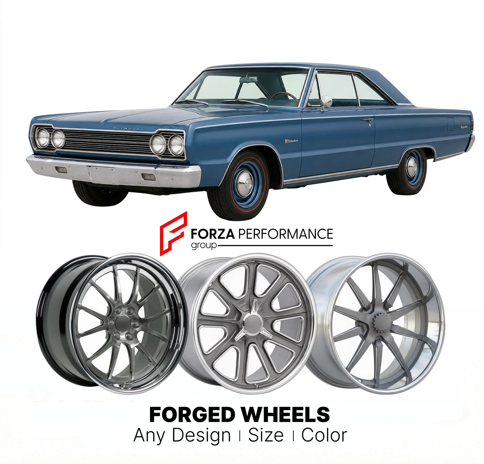 CUSTOM CLASSIC VINTAGE RESTOMOD RETRO OLD SCHOOL FORGED WHEELS RIMS for PLYMOUTH BELVEDERE 1968 - 1970
Custom forged wheels for classic American muscle cars. Ideal for restomod builds, vintage restorations, and show cars. Deep dish and retro styling available.

We manufacture premium quality forged wheels rims for Plymouth Belvedere 1968 - 1970 in any design, size, color.

THIS WHEEL DESIGN CAN BE CUSTOM-MADE FOR YOUR CAR IN ANY SIZE AND COLOR OPTIONS
Available in monoblock, 2-piece, 3-piece, duoblock, bead