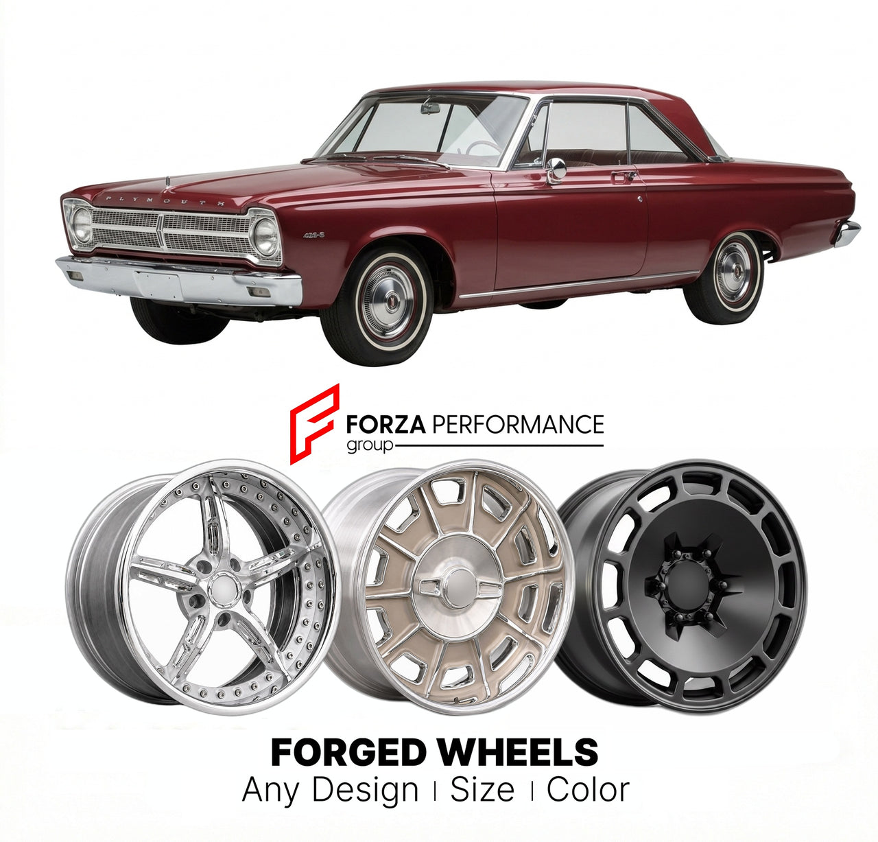 CUSTOM CLASSIC VINTAGE RESTOMOD RETRO OLD SCHOOL FORGED WHEELS RIMS for PLYMOUTH BELVEDERE 426-S 1965 - 1967
Custom forged wheels for classic American muscle cars. Ideal for restomod builds, vintage restorations, and show cars. Deep dish and retro styling available.

We manufacture premium quality forged wheels rims for Plymouth Belvedere 426-S 1965 - 1967 in any design, size, color.

THIS WHEEL DESIGN CAN BE CUSTOM-MADE FOR YOUR CAR IN ANY SIZE AND COLOR OPTIONS
Available in monoblock, 2-piece, 3-piece, du